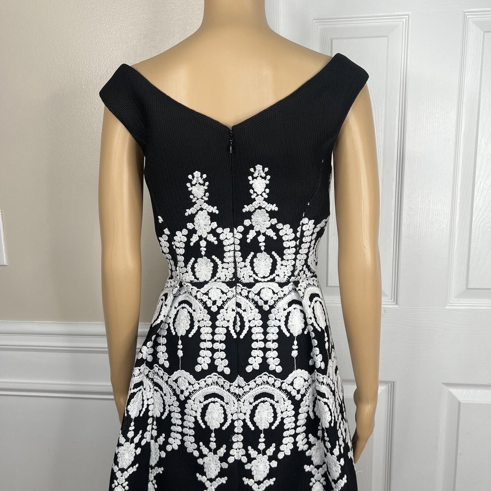 Adrianna Papell Mesh Dress 10 Black Embroidered Sleeveless Asymmetric Fit Flare