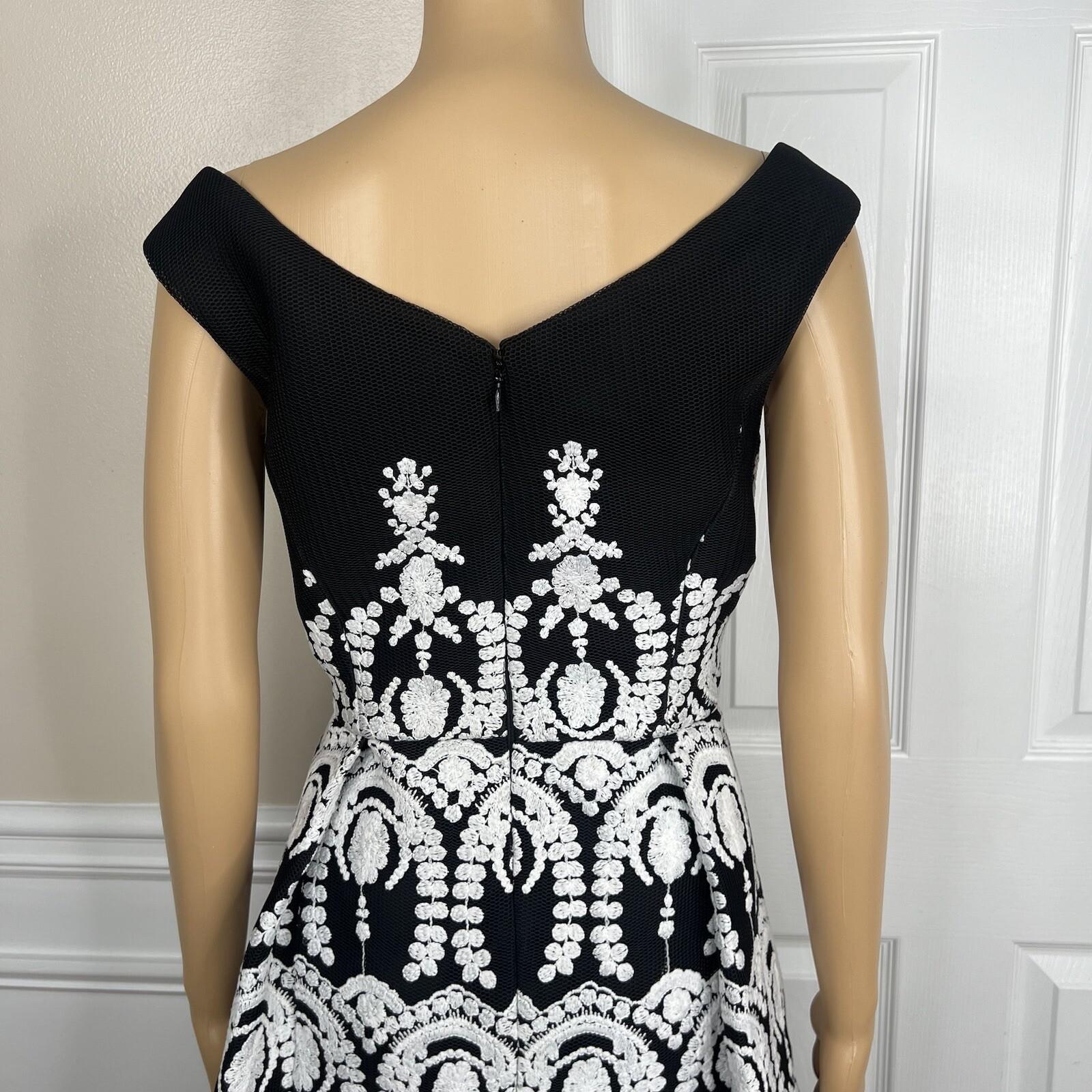 Adrianna Papell Mesh Dress 10 Black Embroidered Sleeveless Asymmetric Fit Flare