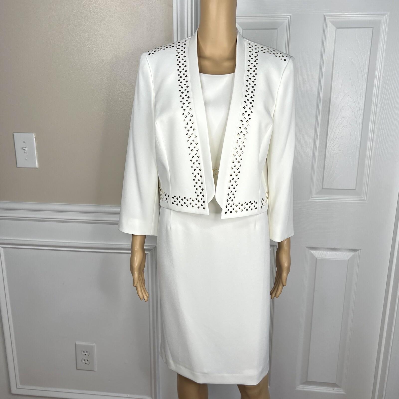 KASPER Polyester Stretch Dress 10P Suit 12P Off White Studded Open Front 2PC
