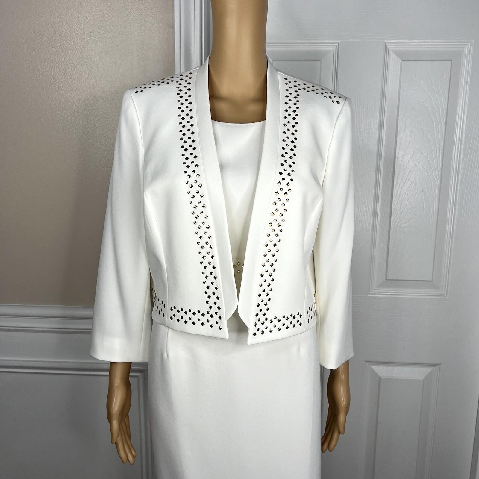 KASPER Polyester Stretch Dress 10P Suit 12P Off White Studded Open Front 2PC