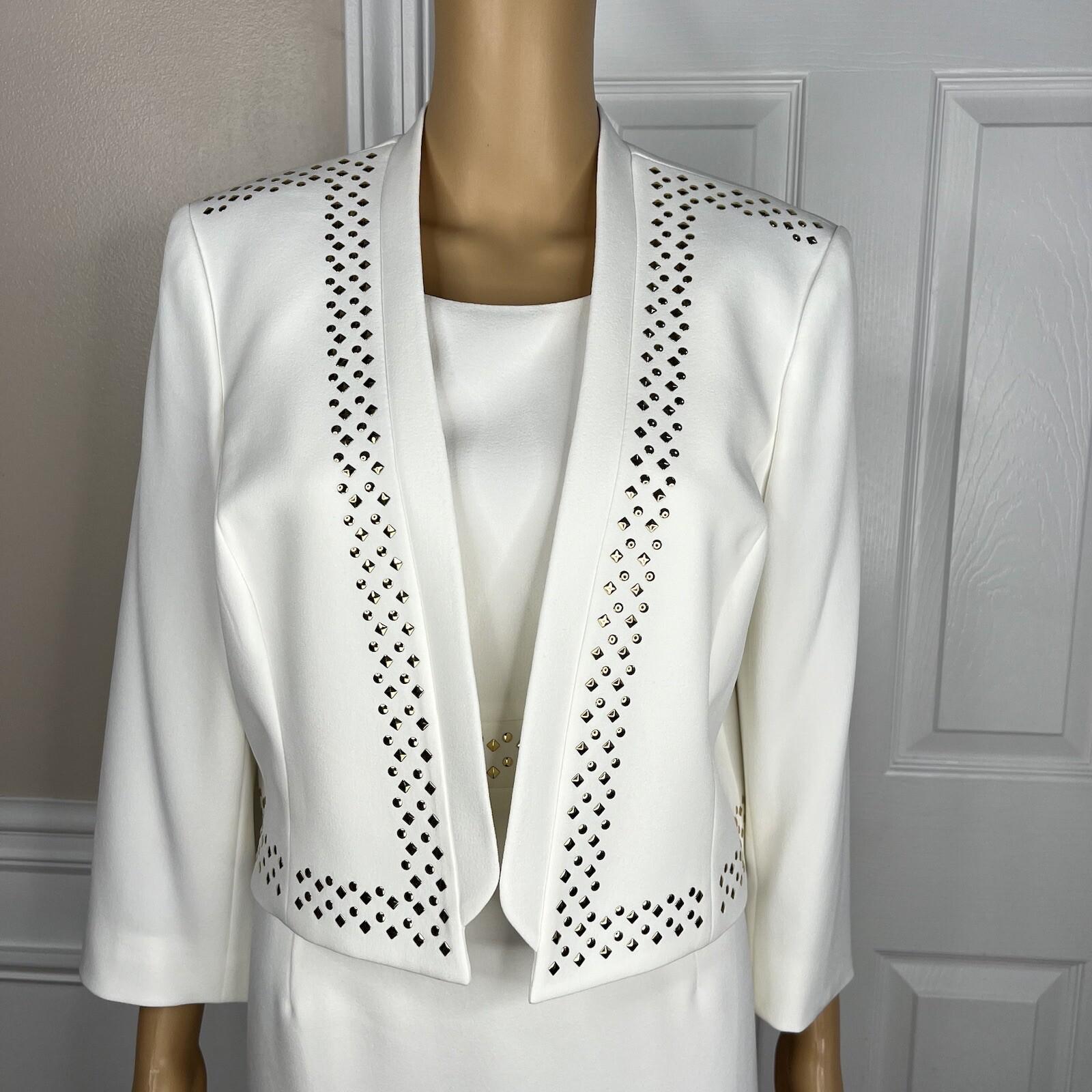 KASPER Polyester Stretch Dress 10P Suit 12P Off White Studded Open Front 2PC