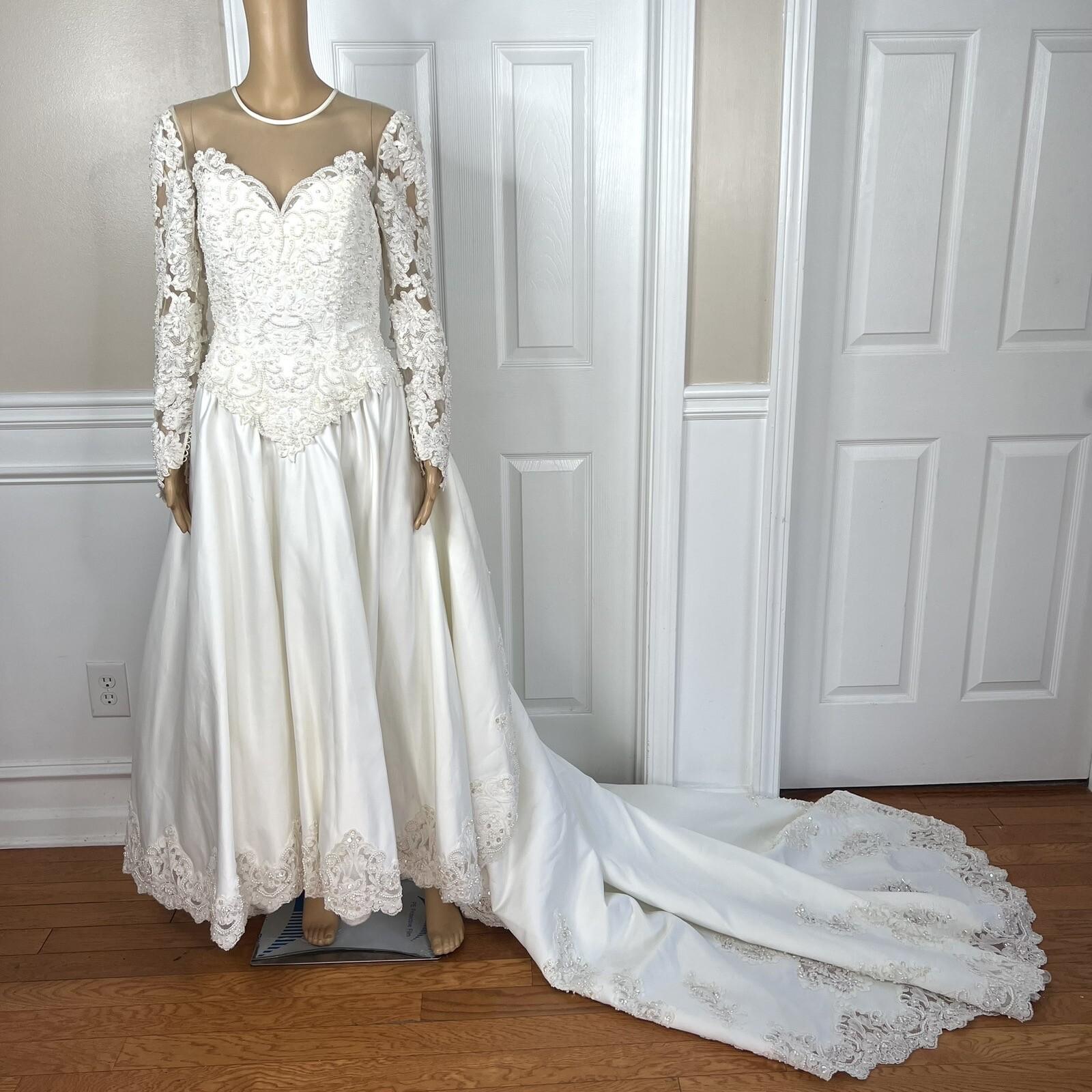 Oleg Cassini Off White Beaded Bodice Long Sleeves Trumpet Wedding Dress Size 8