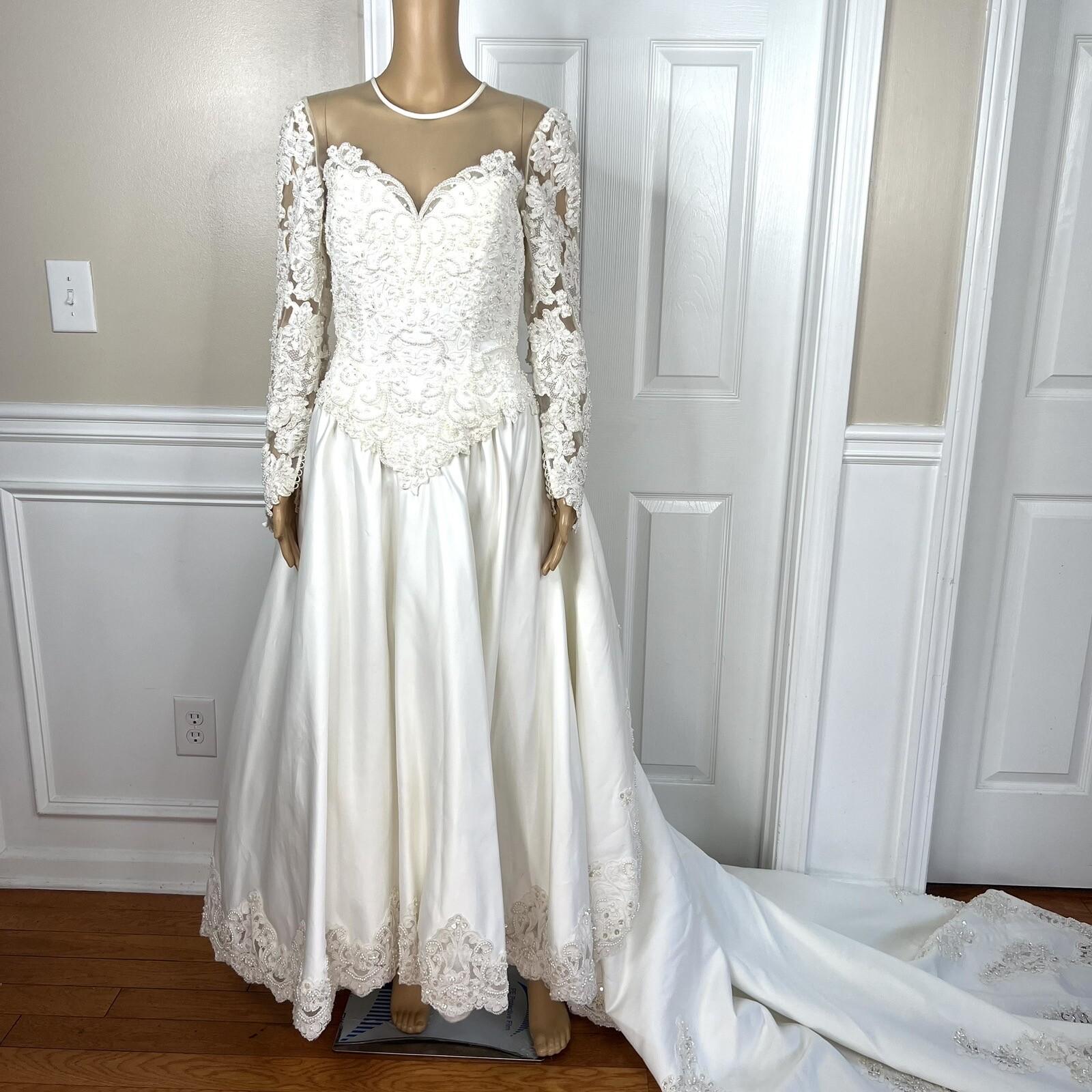 Oleg Cassini Off White Beaded Bodice Long Sleeves Trumpet Wedding Dress Size 8