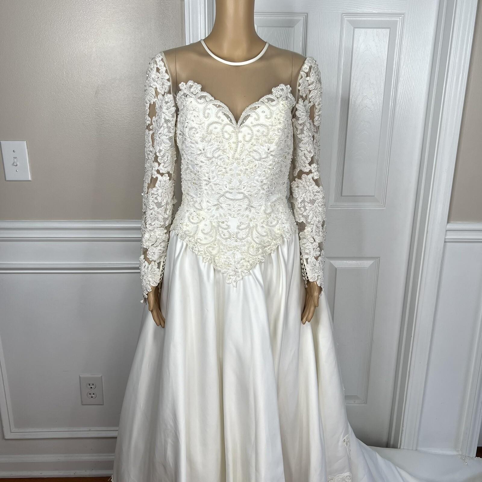 Oleg Cassini Off White Beaded Bodice Long Sleeves Trumpet Wedding Dress Size 8