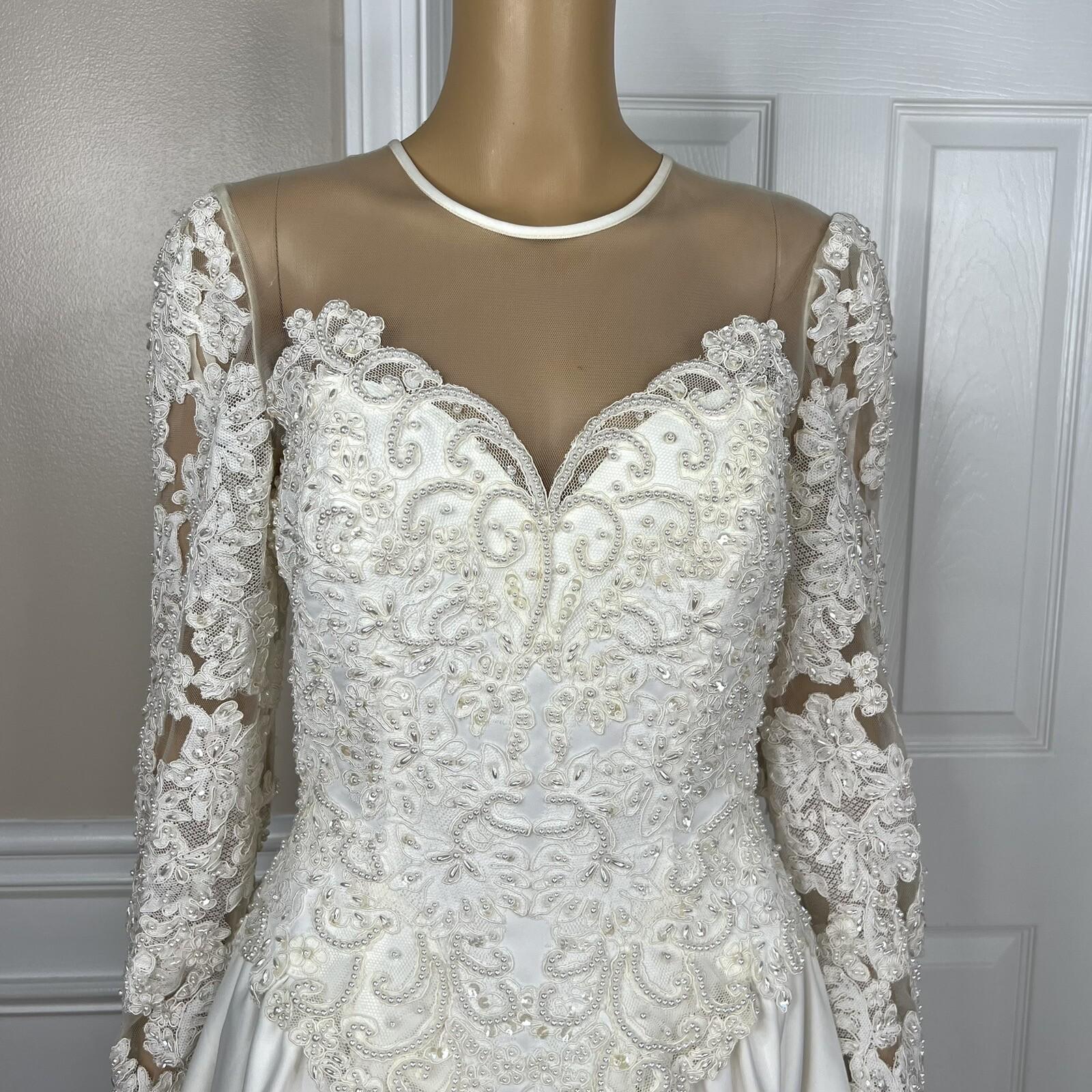 Oleg Cassini Off White Beaded Bodice Long Sleeves Trumpet Wedding Dress Size 8