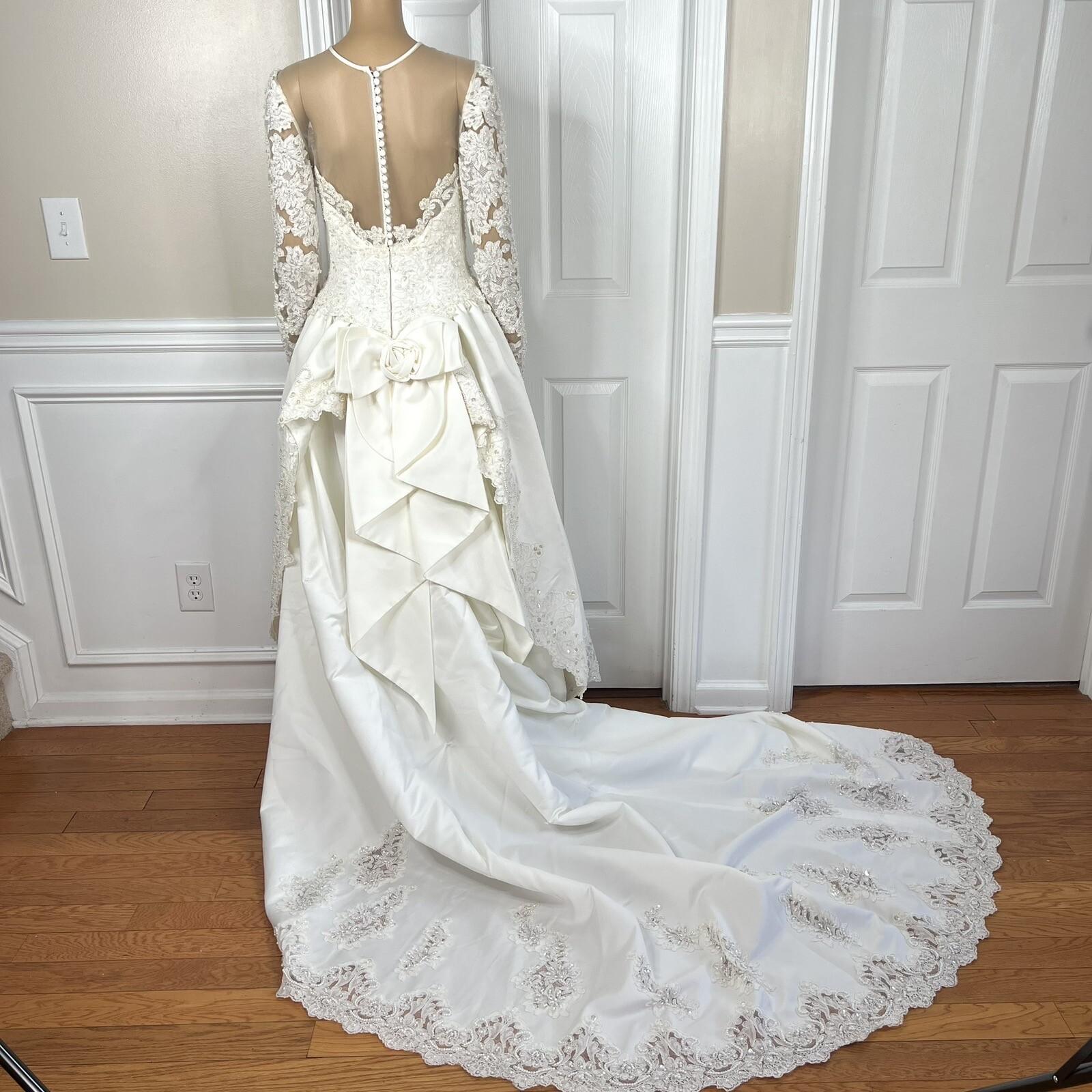 Oleg Cassini Off White Beaded Bodice Long Sleeves Trumpet Wedding Dress Size 8