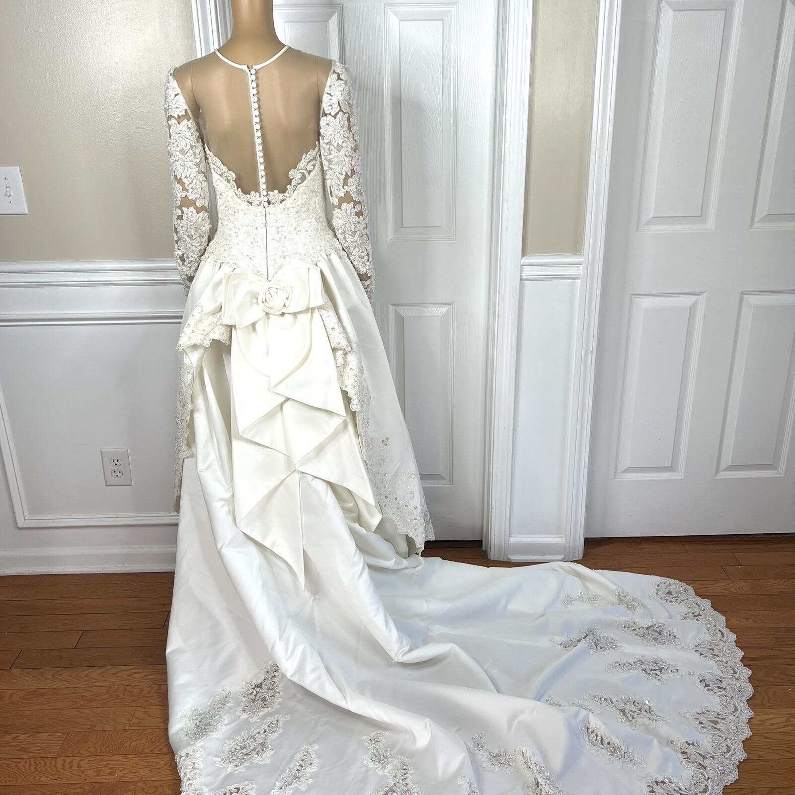 Oleg Cassini Off White Beaded Bodice Long Sleeves Trumpet Wedding Dress Size 8