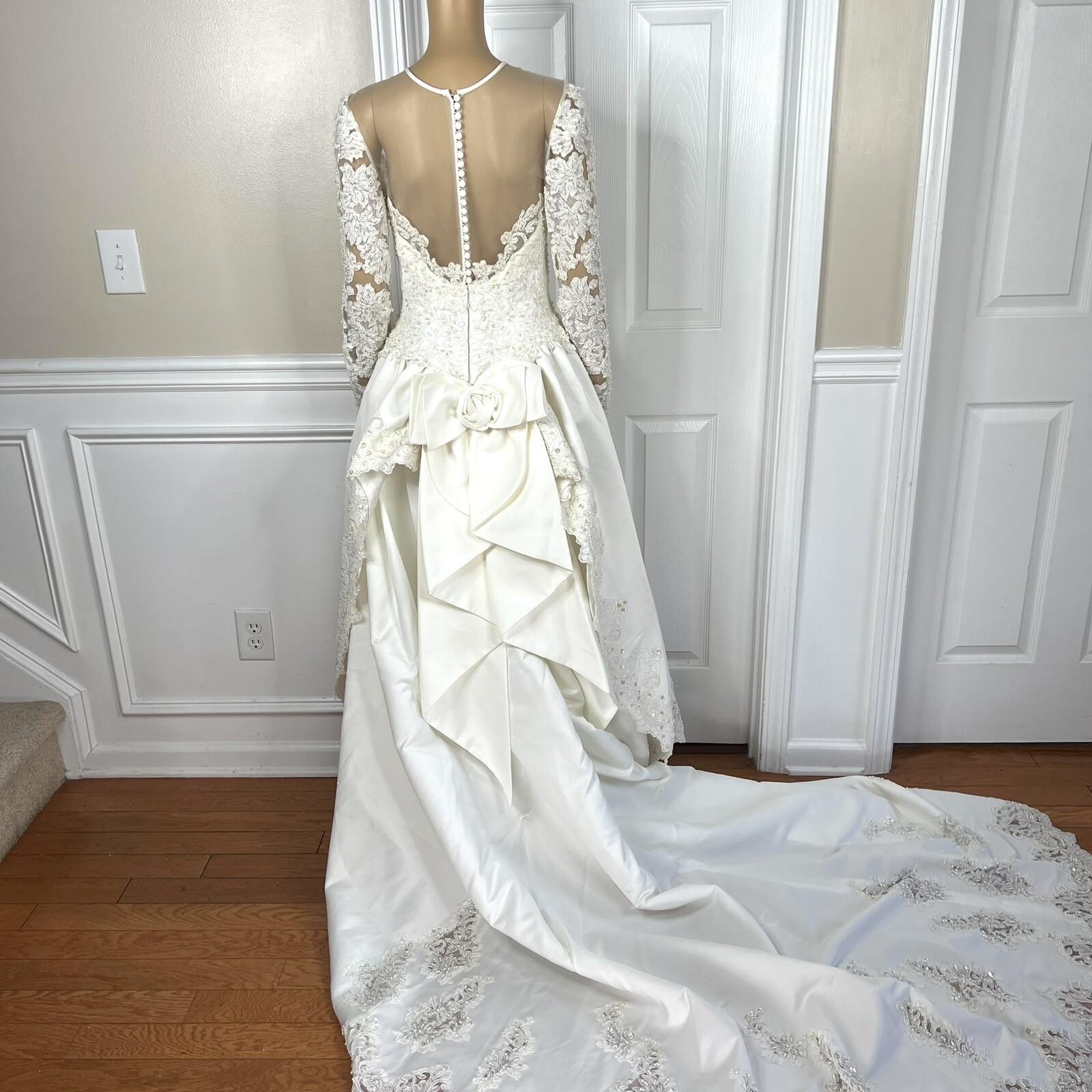 Oleg Cassini Off White Beaded Bodice Long Sleeves Trumpet Wedding Dress Size 8