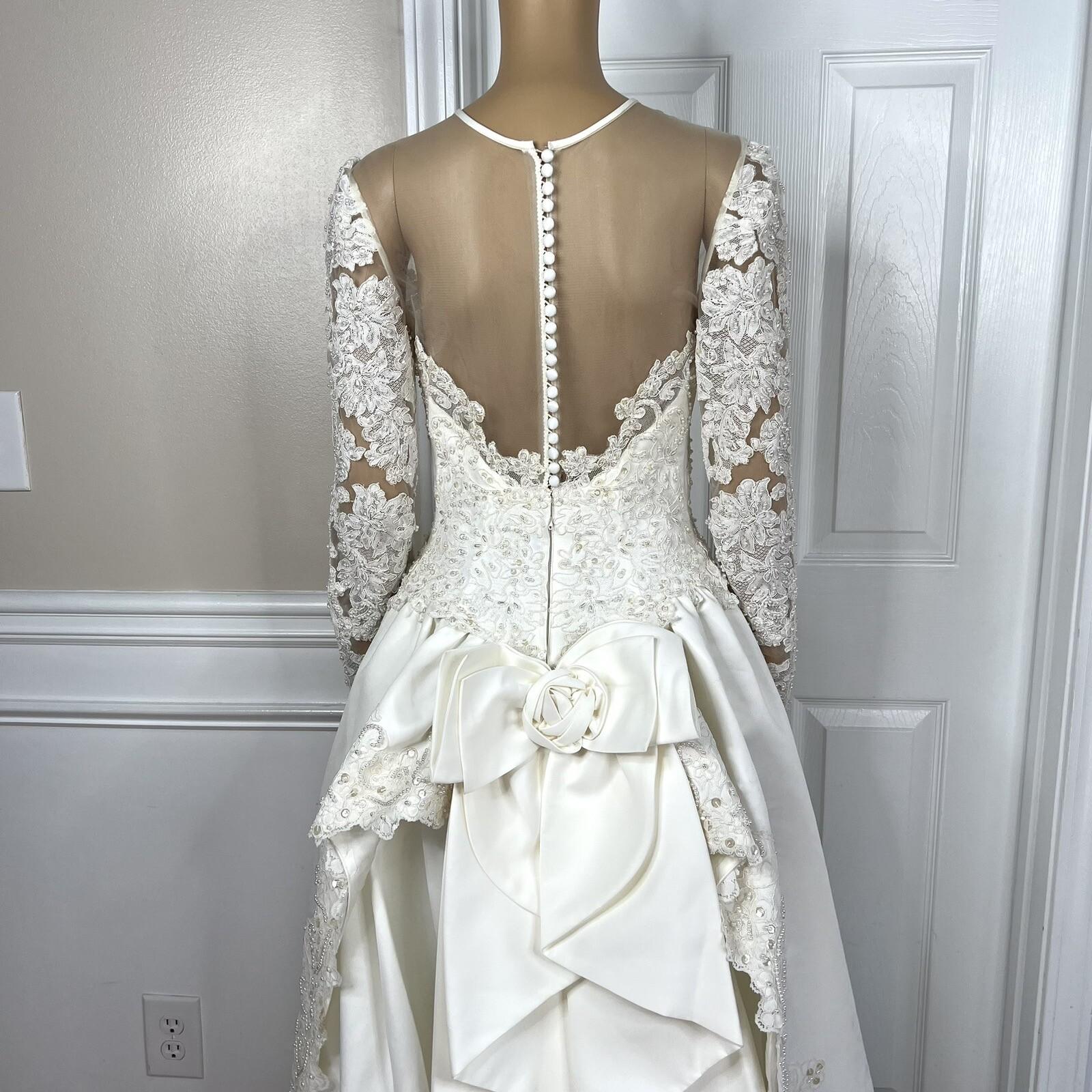 Oleg Cassini Off White Beaded Bodice Long Sleeves Trumpet Wedding Dress Size 8