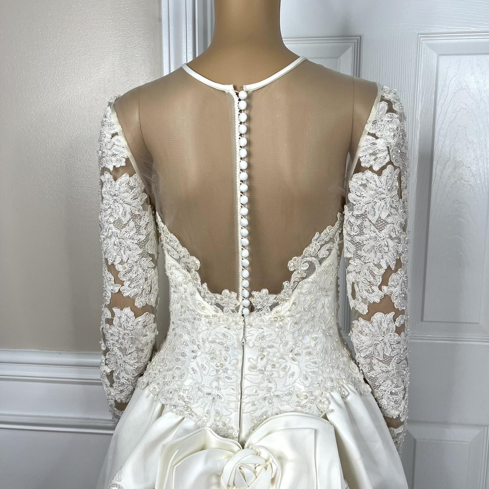 Oleg Cassini Off White Beaded Bodice Long Sleeves Trumpet Wedding Dress Size 8