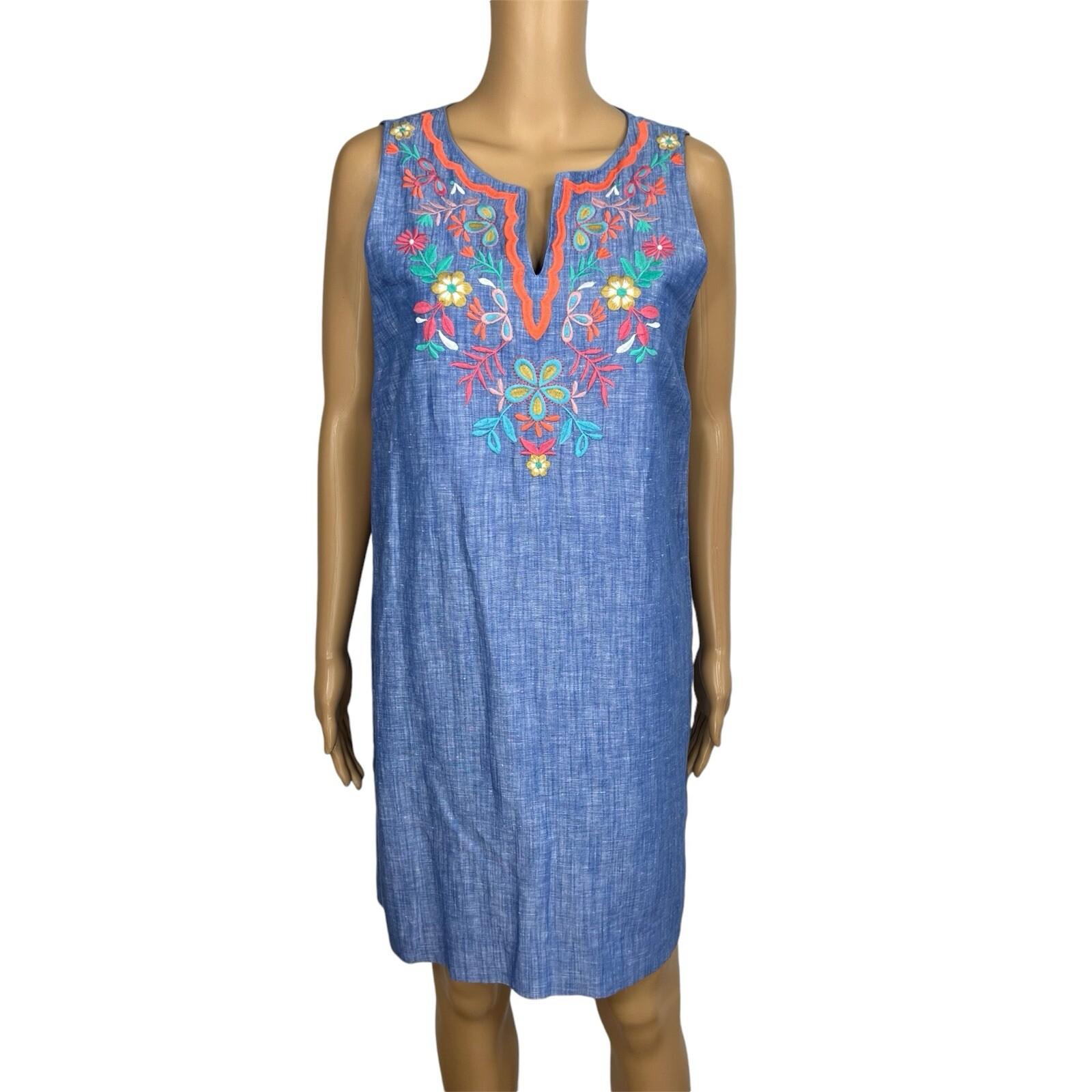 Talbots Linen Cotton Shift Dress Size 10P Embroidered Split Sleeveless Chambray