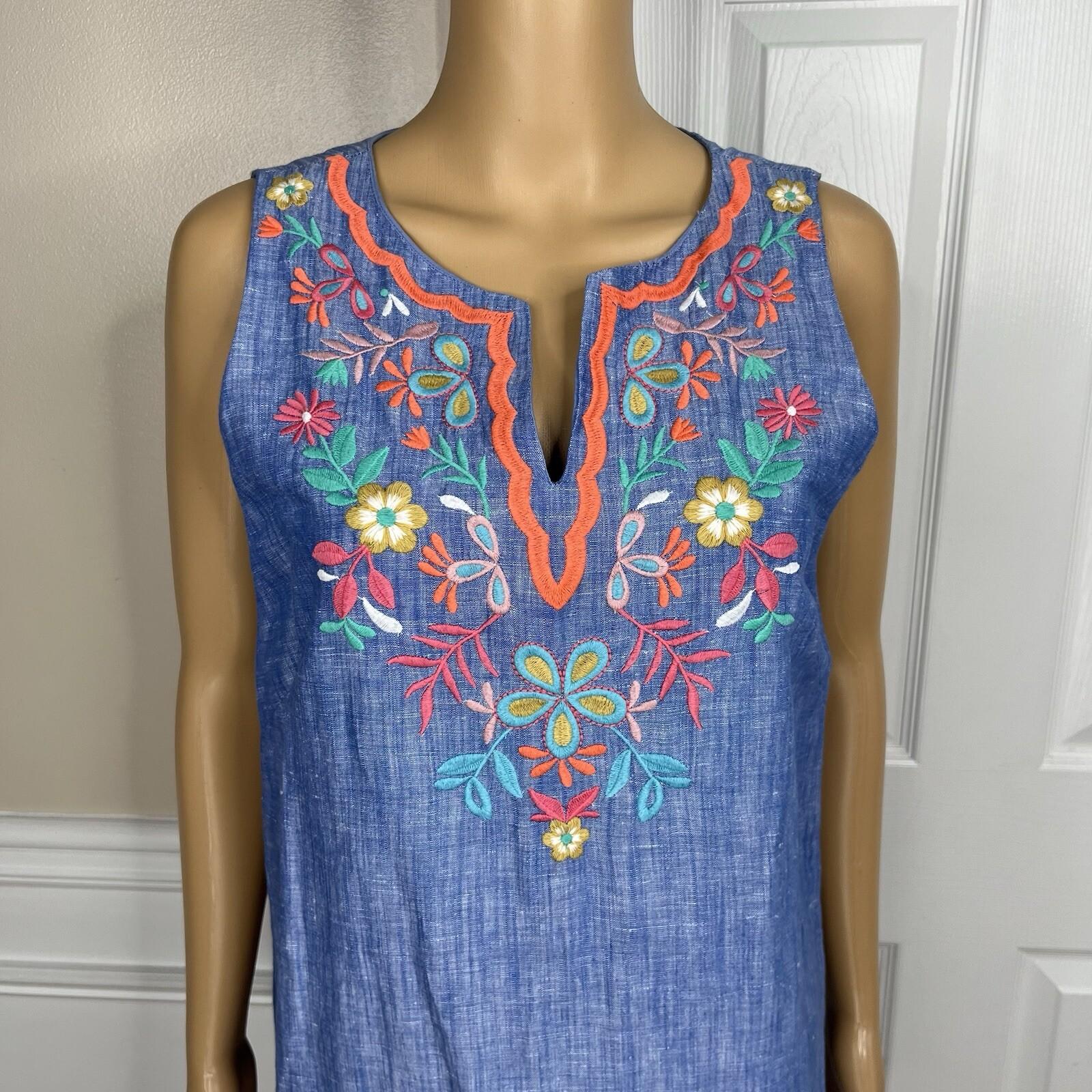 Talbots Linen Cotton Shift Dress Size 10P Embroidered Split Sleeveless Chambray
