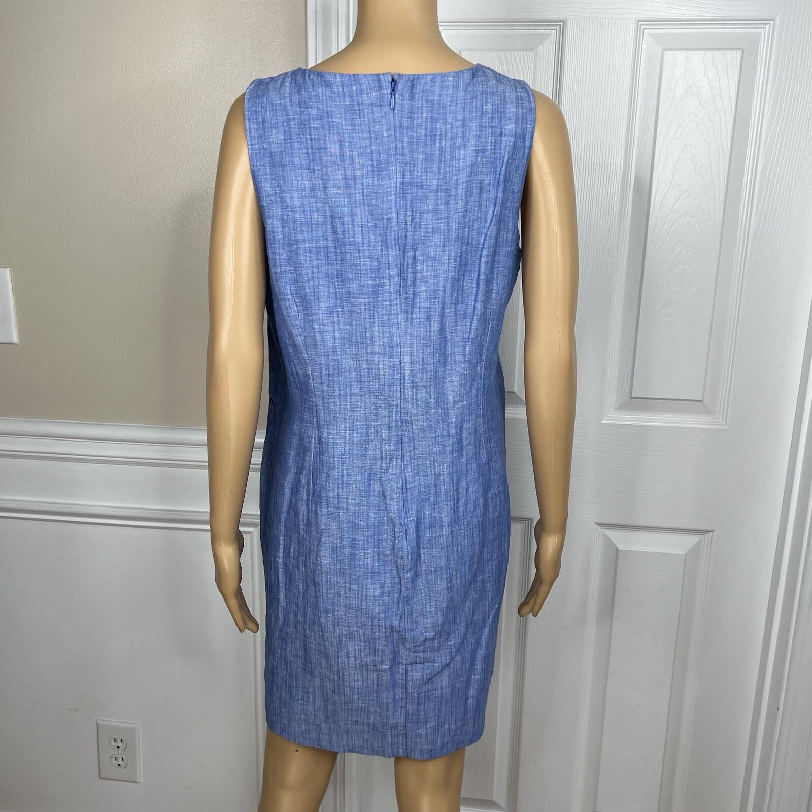 Talbots Linen Cotton Shift Dress Size 10P Embroidered Split Sleeveless Chambray