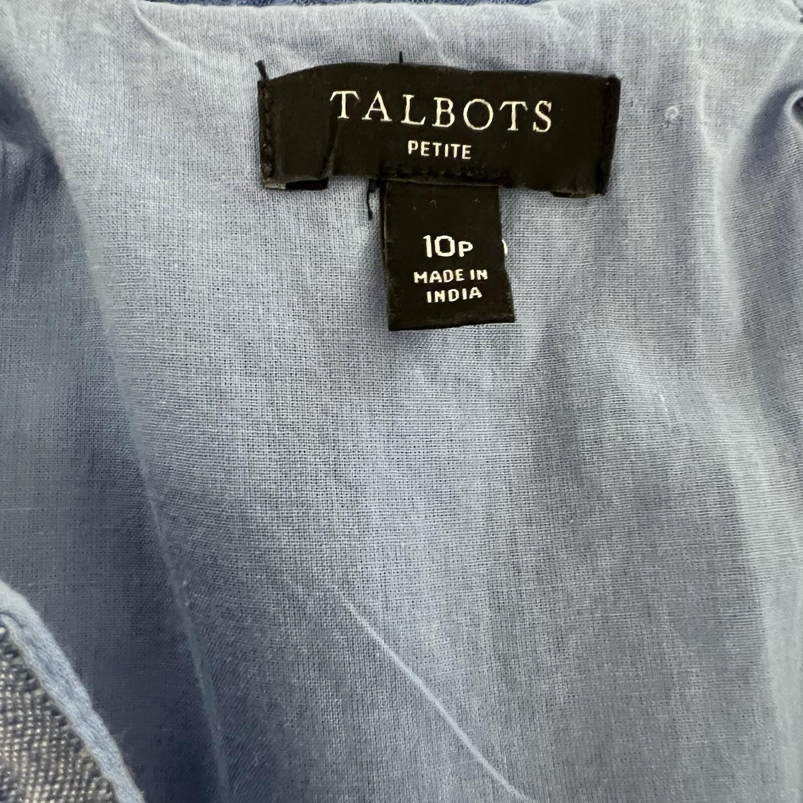 Talbots Linen Cotton Shift Dress Size 10P Embroidered Split Sleeveless Chambray