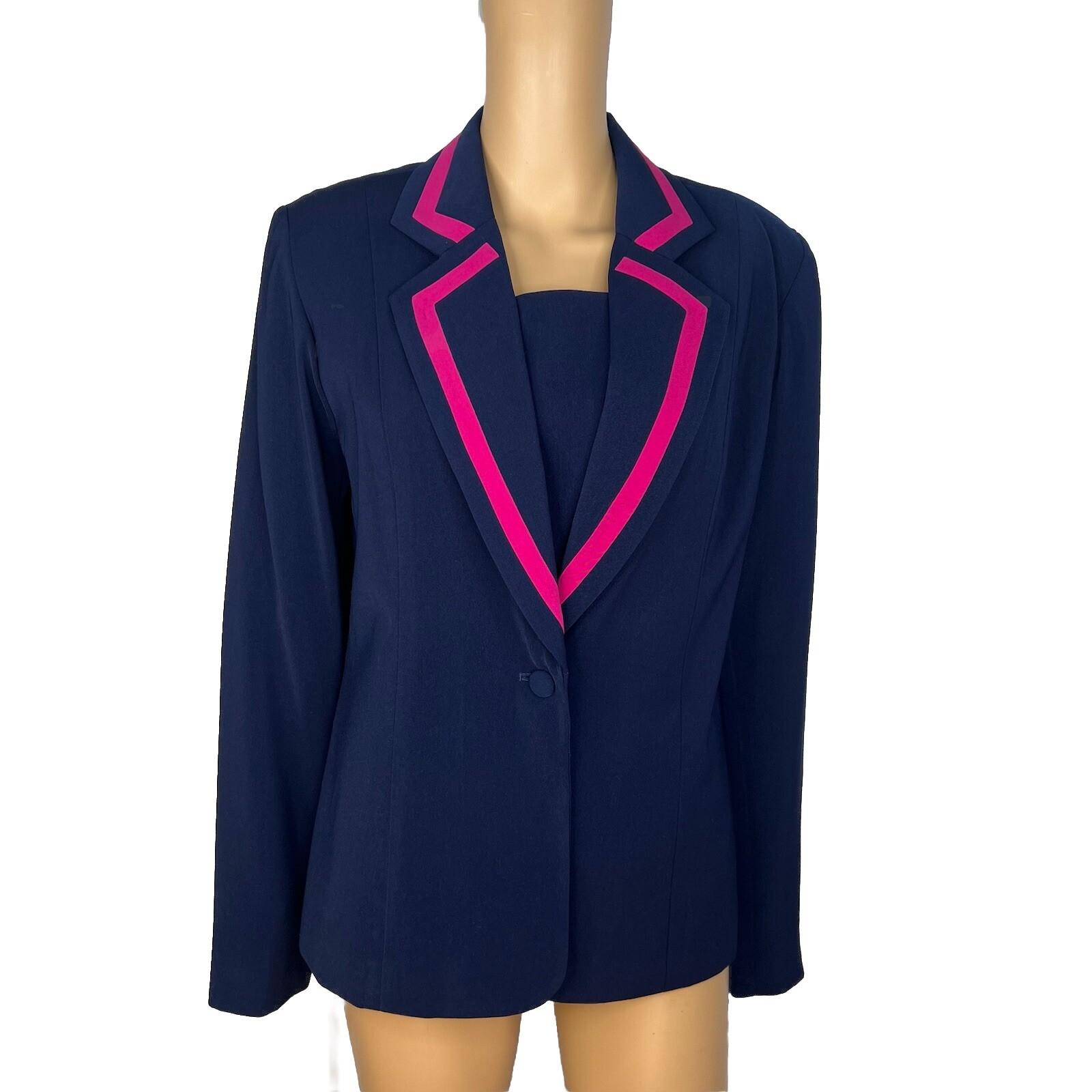 Terramina Polyester Blazer Set Size 8 Navy Blue Pink Lined Single Breasted 1PC