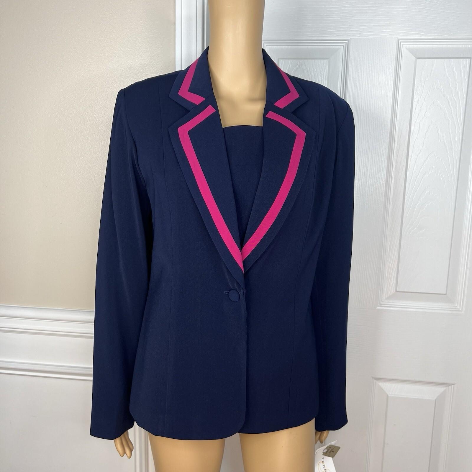 Terramina Polyester Blazer Set Size 8 Navy Blue Pink Lined Single Breasted 1PC