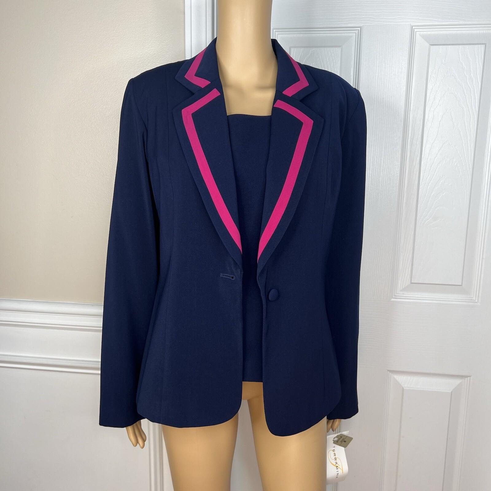 Terramina Polyester Blazer Set Size 8 Navy Blue Pink Lined Single Breasted 1PC