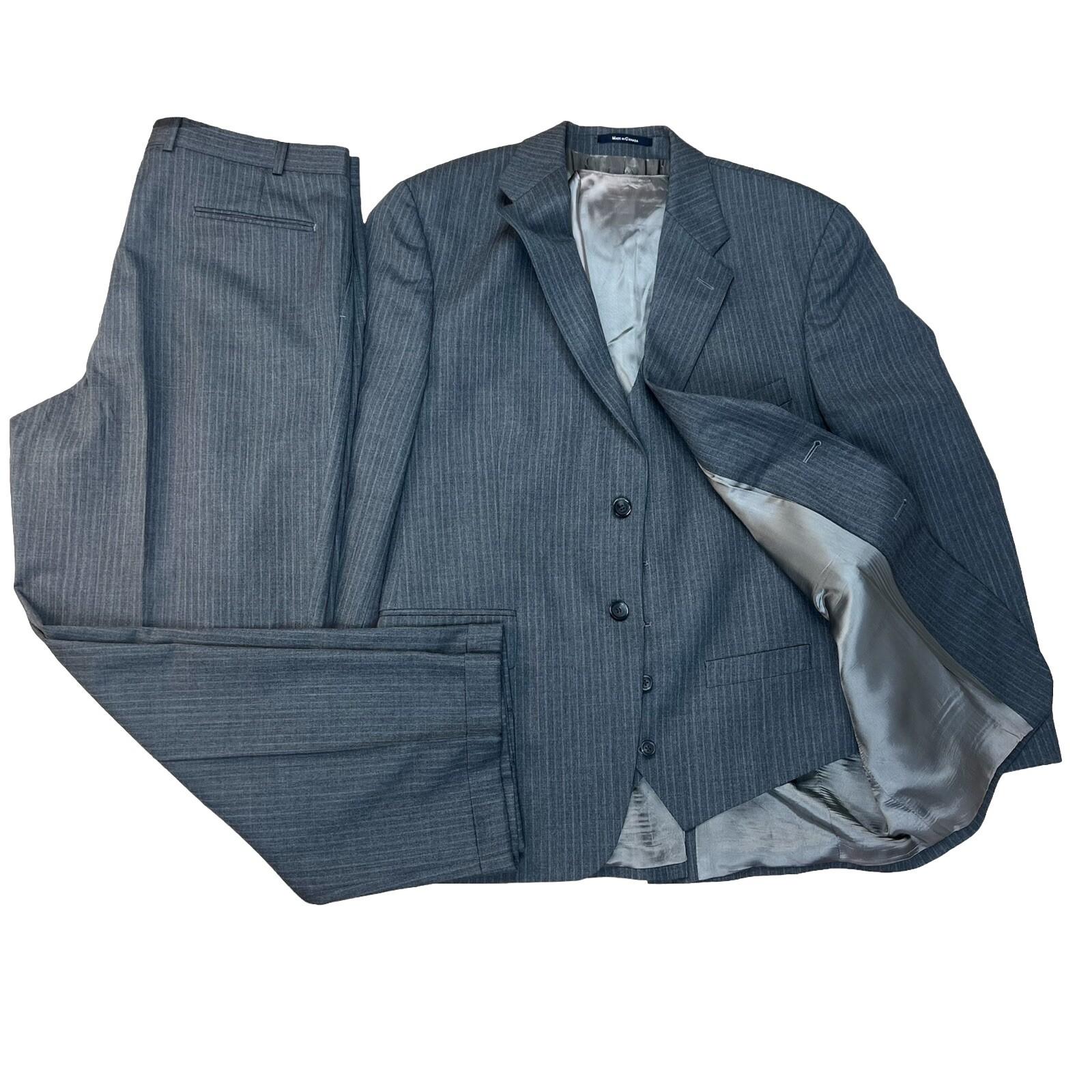 Chaps By Ralph Lauren Men Wool Gray Striped Suit 48R Pants 36x28.5 Vest 3PC