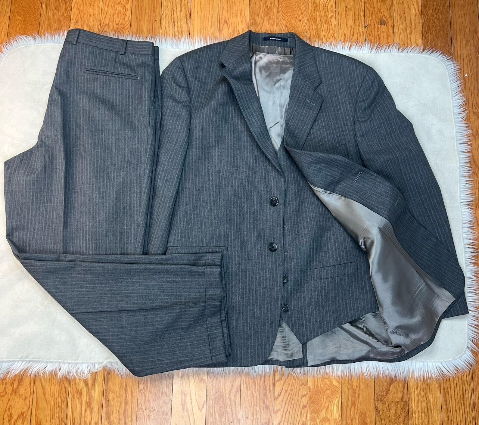 Chaps By Ralph Lauren Men Wool Gray Striped Suit 48R Pants 36x28.5 Vest 3PC