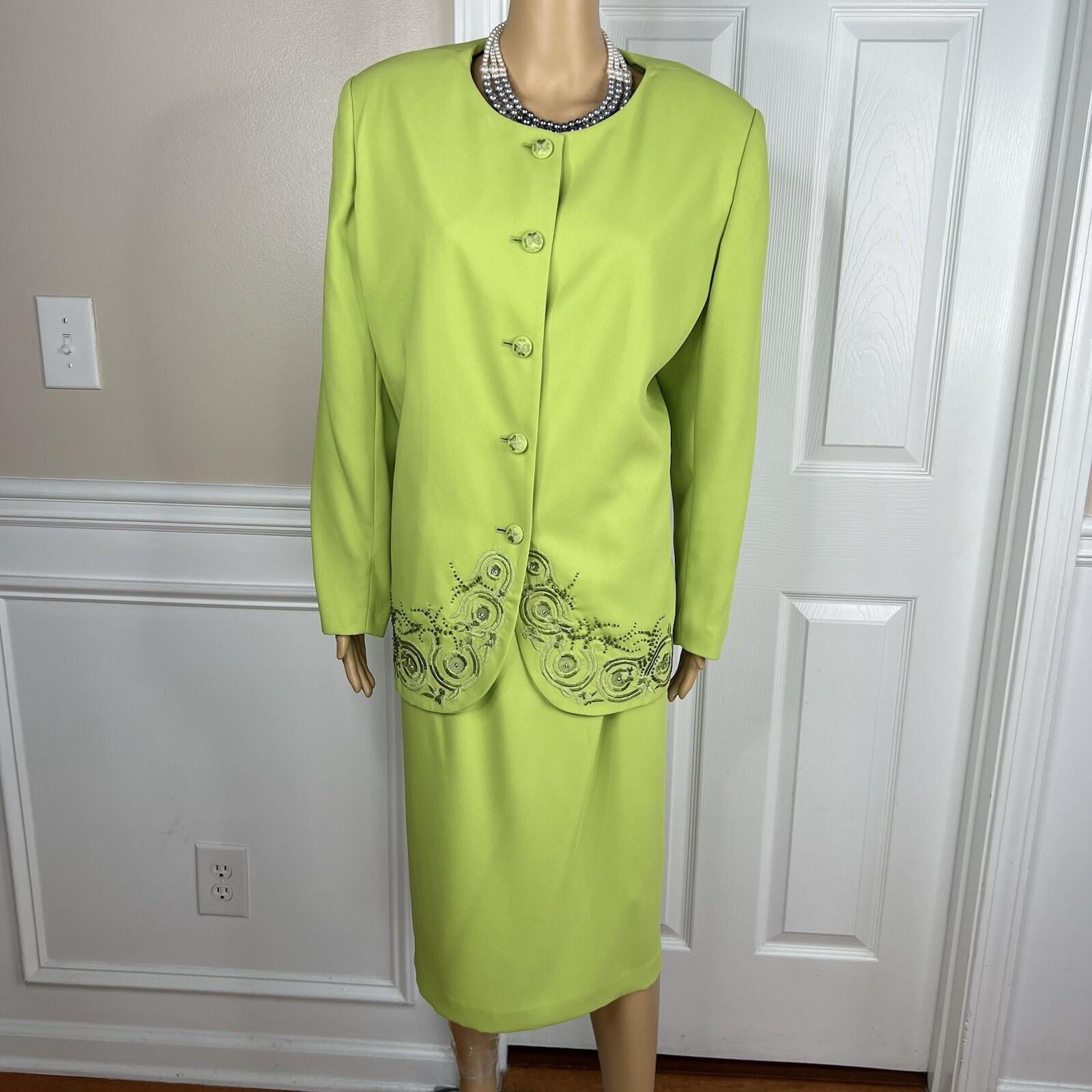 St Anthony Evening Polyester Skirt Suit 18W Embroidered Beaded Lime Green 2PC