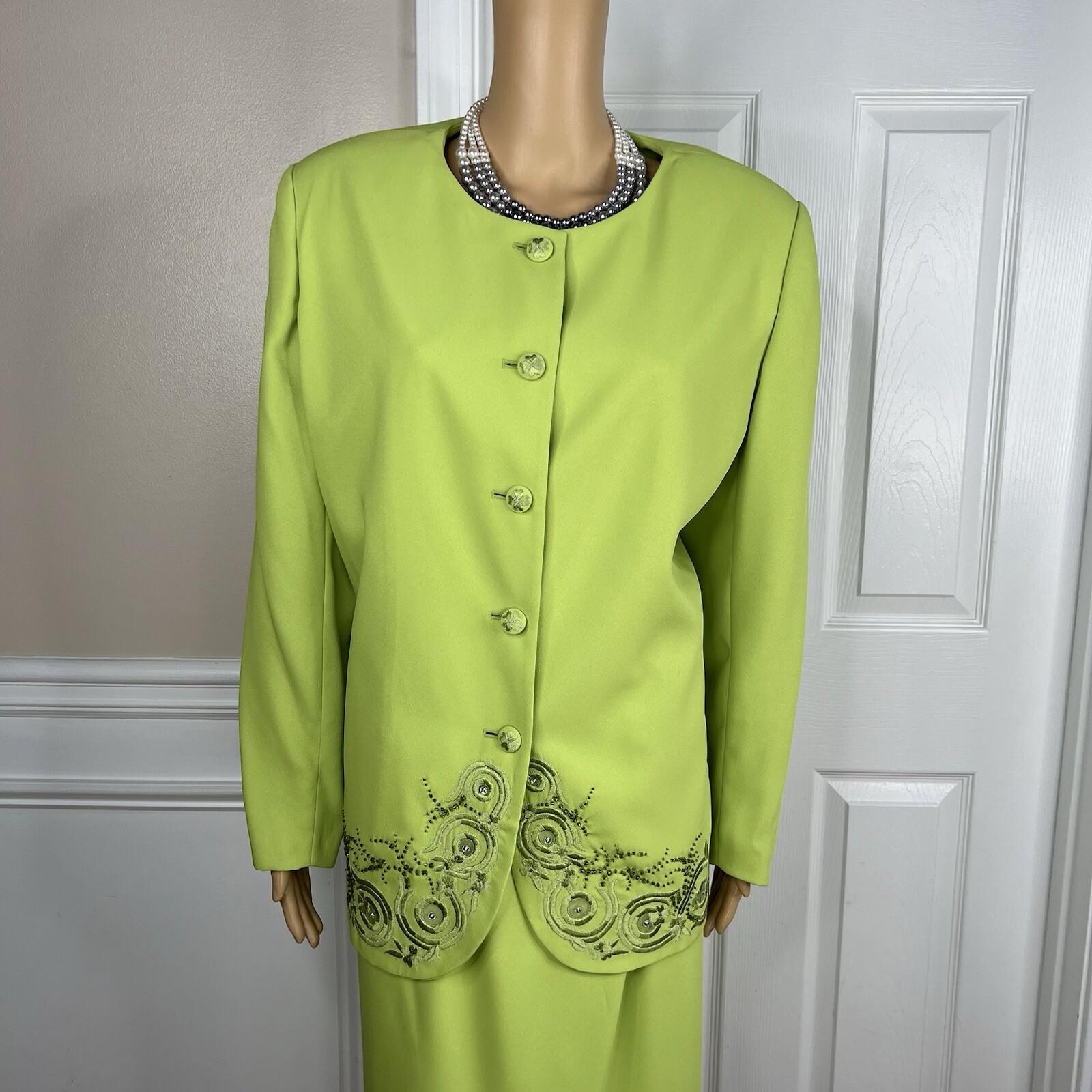 St Anthony Evening Polyester Skirt Suit 18W Embroidered Beaded Lime Green 2PC