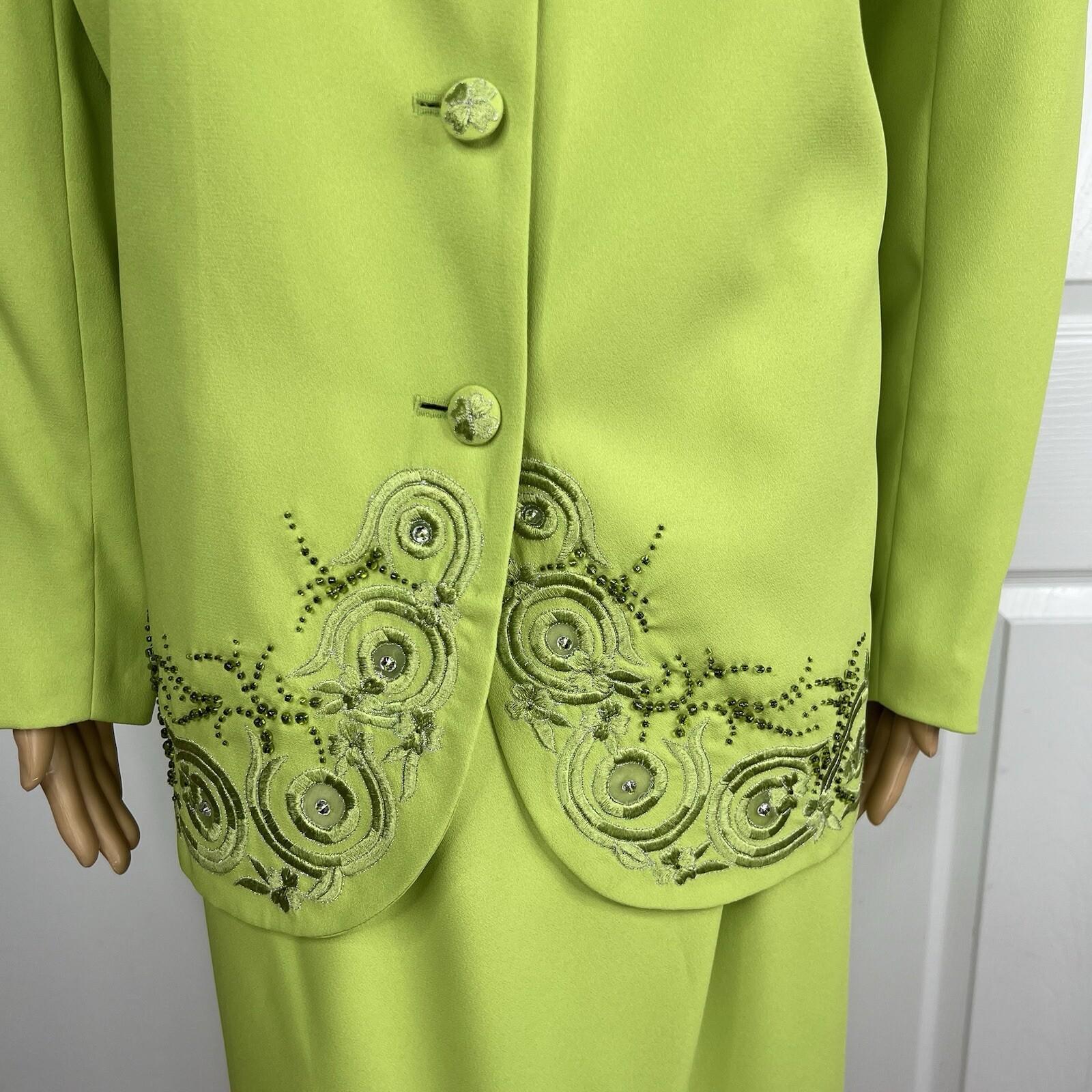 St Anthony Evening Polyester Skirt Suit 18W Embroidered Beaded Lime Green 2PC
