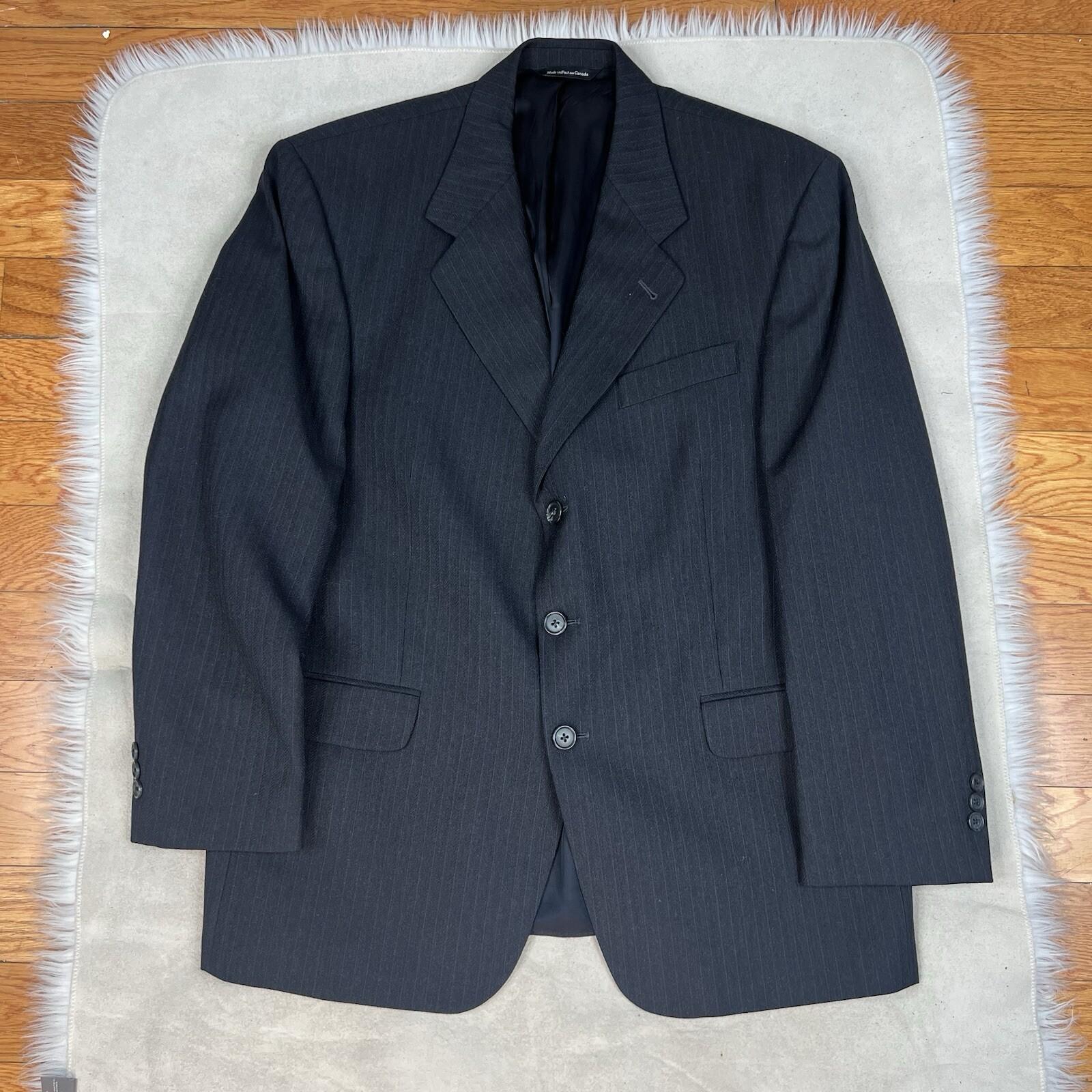 Paul Dione Men Virgin Wool Suit 46 Pants 36x29.5 Black Striped Classic Notch