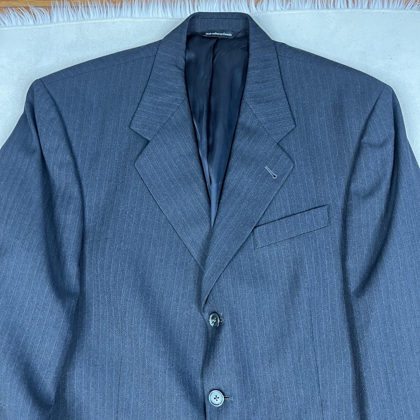Paul Dione Men Virgin Wool Suit 46 Pants 36x29.5 Black Striped Classic Notch