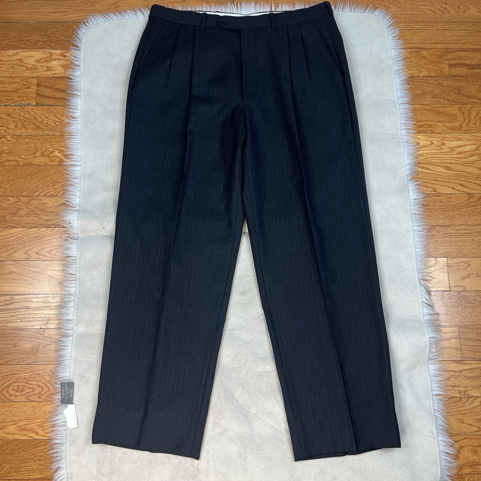 Paul Dione Men Virgin Wool Suit 46 Pants 36x29.5 Black Striped Classic Notch