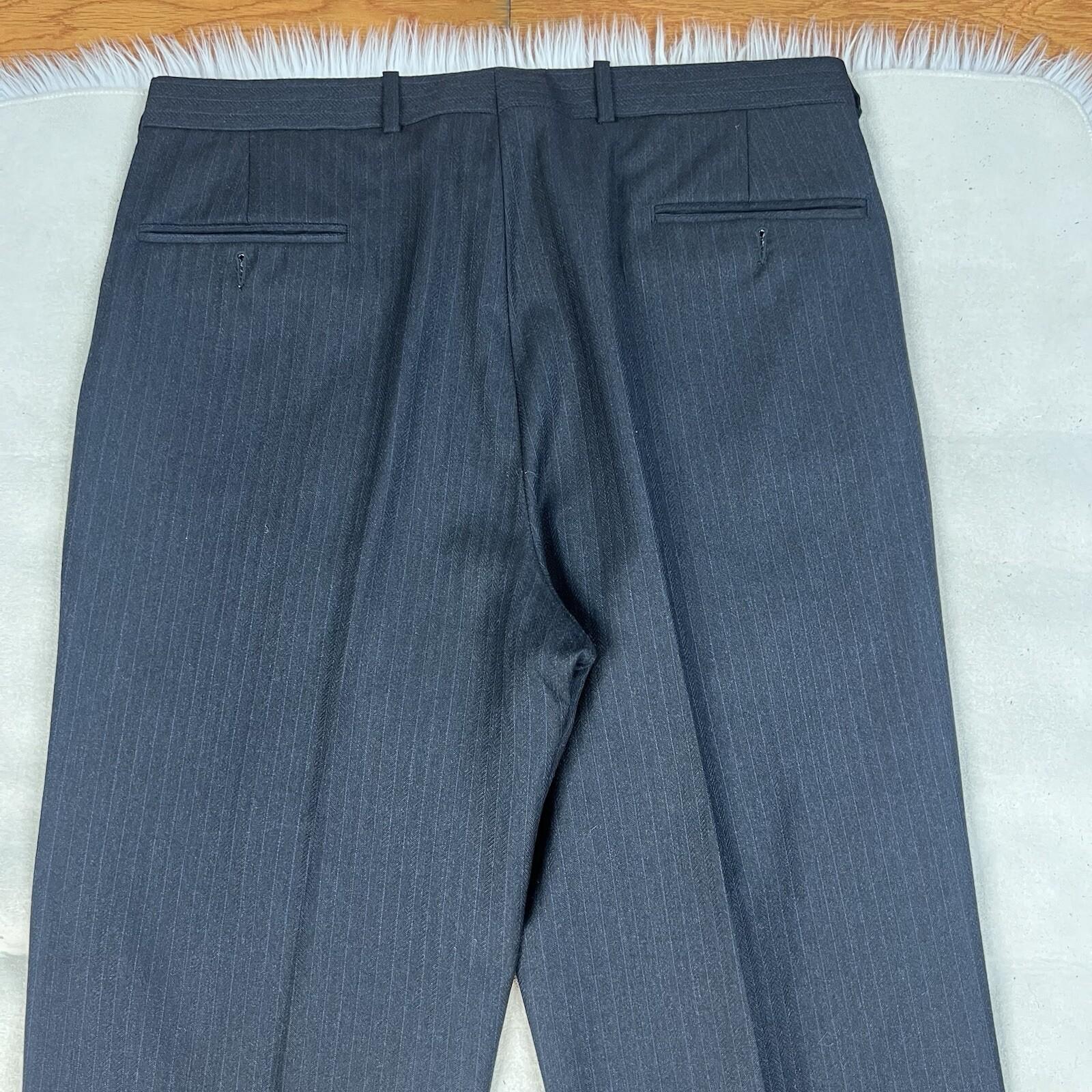 Paul Dione Men Virgin Wool Suit 46 Pants 36x29.5 Black Striped Classic Notch