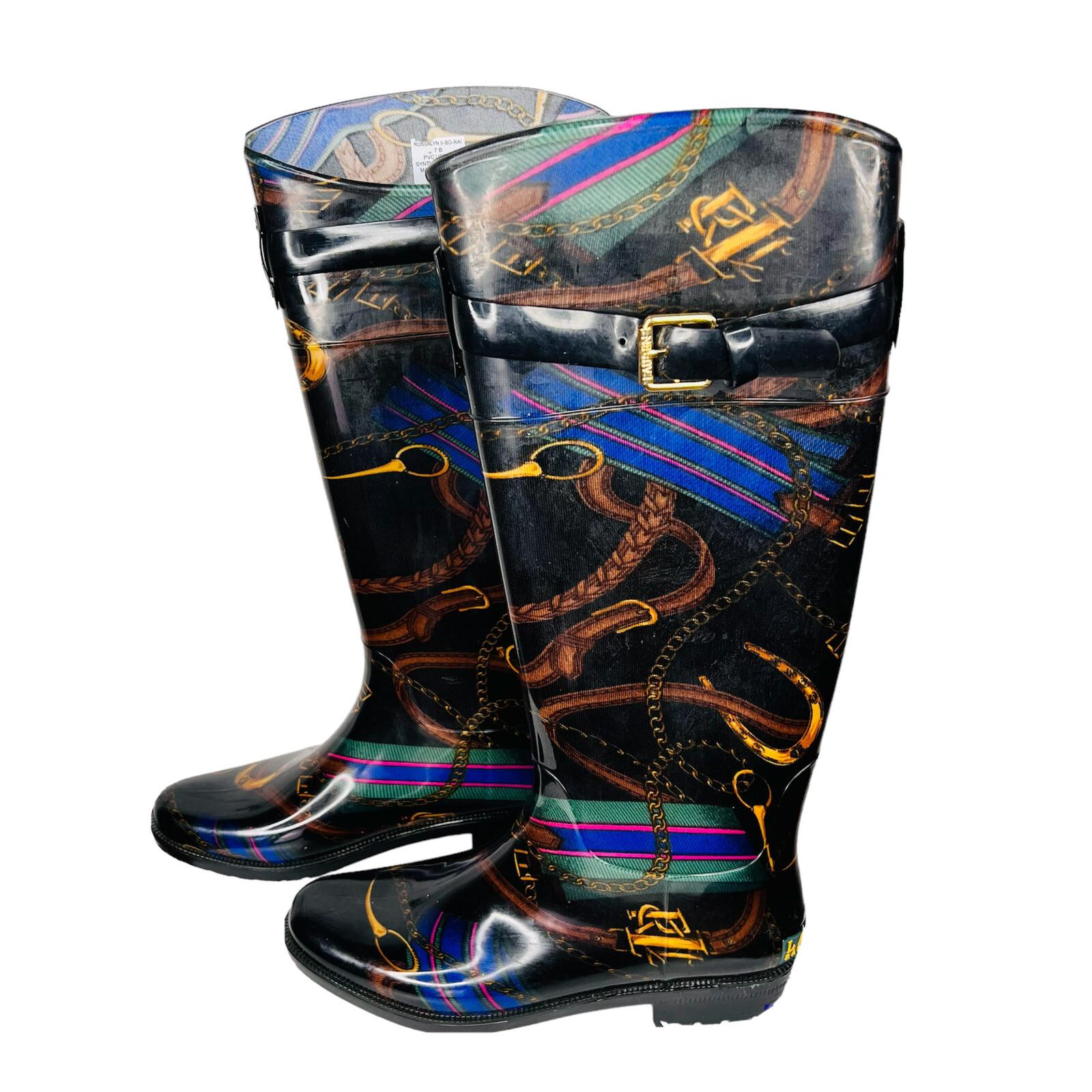 LAUREN RALPH LAUREN Women Rosalyn II Rain Boots Black Gold Rope Chain Size 7B