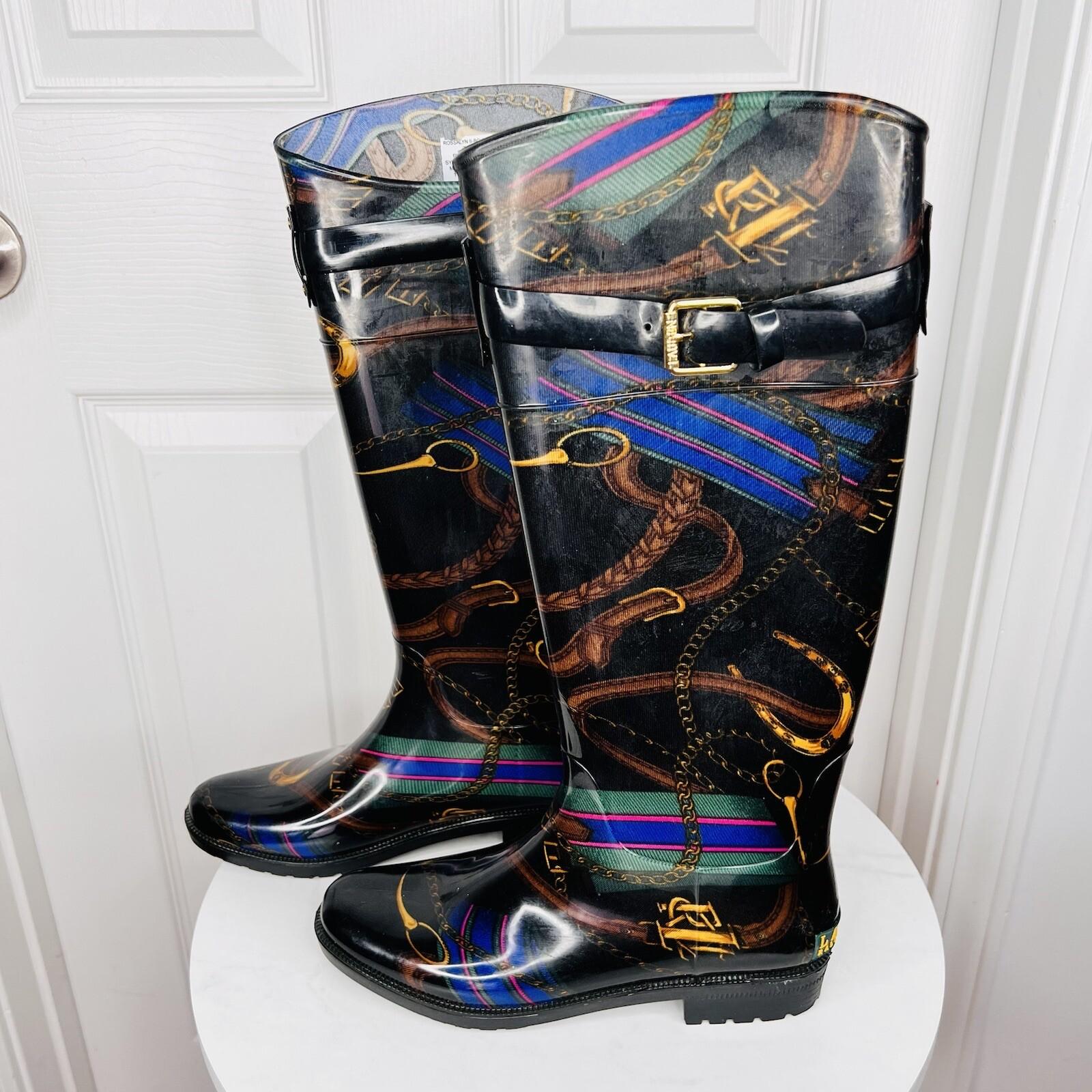 LAUREN RALPH LAUREN Women Rosalyn II Rain Boots Black Gold Rope Chain Size 7B