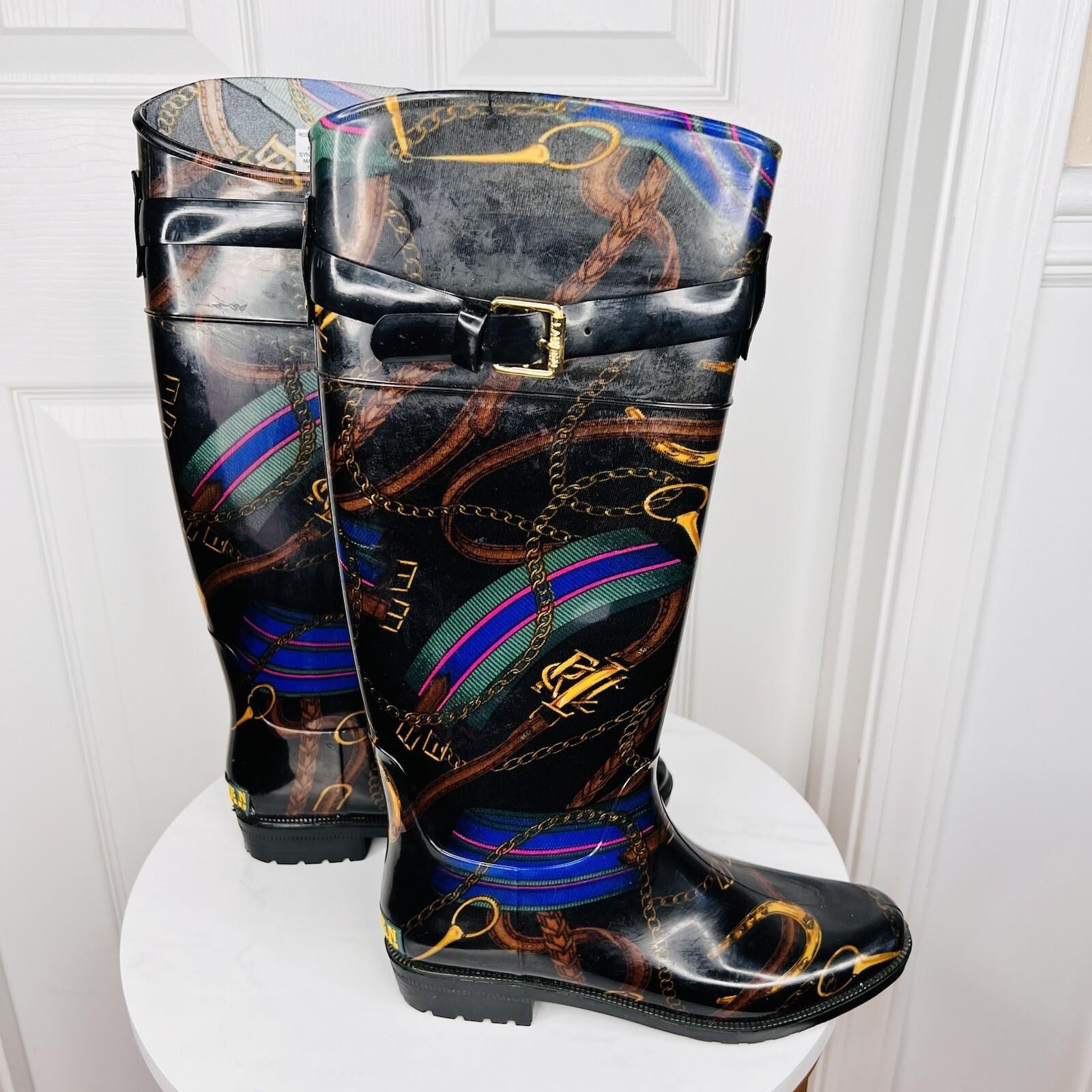 LAUREN RALPH LAUREN Women Rosalyn II Rain Boots Black Gold Rope Chain Size 7B