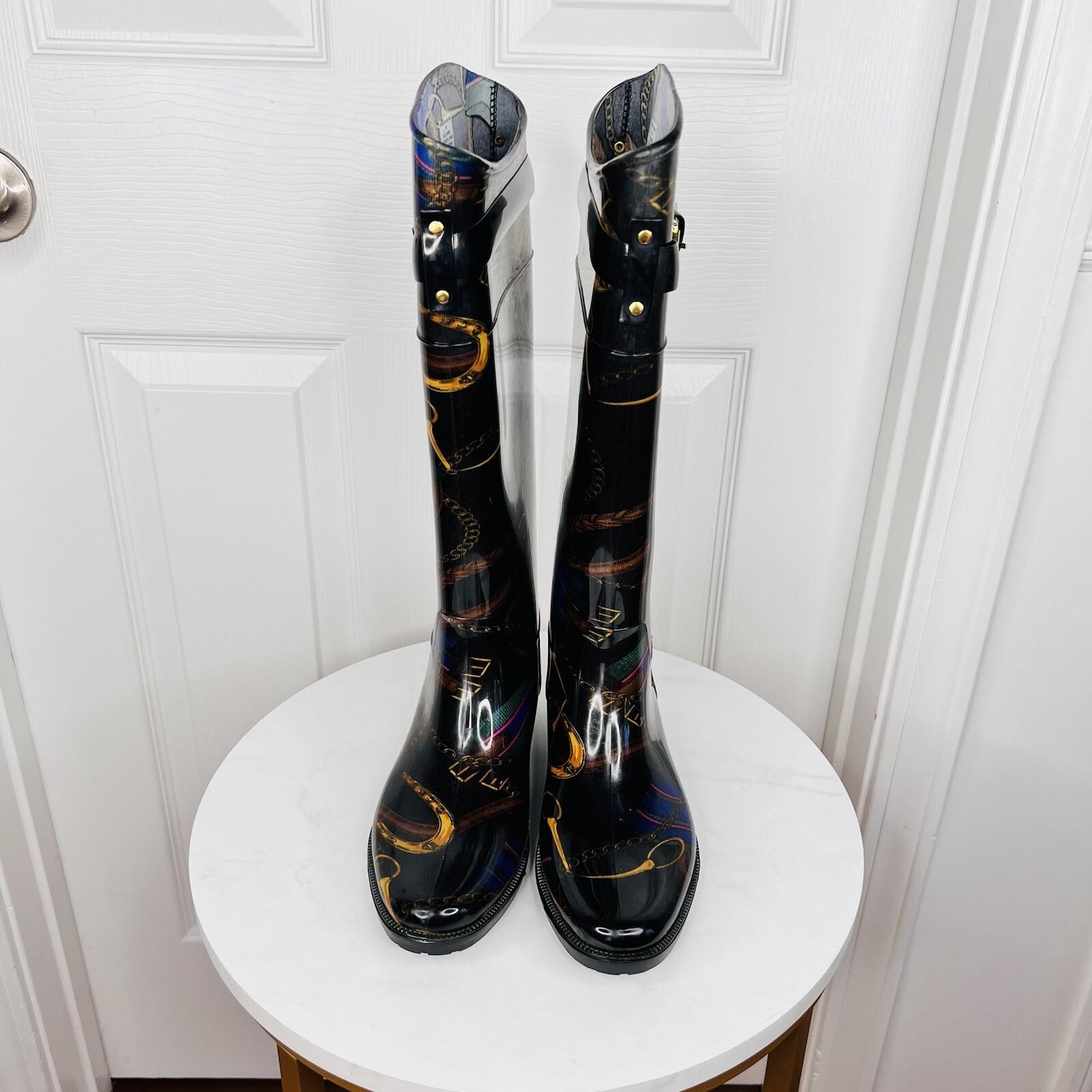 LAUREN RALPH LAUREN Women Rosalyn II Rain Boots Black Gold Rope Chain Size 7B