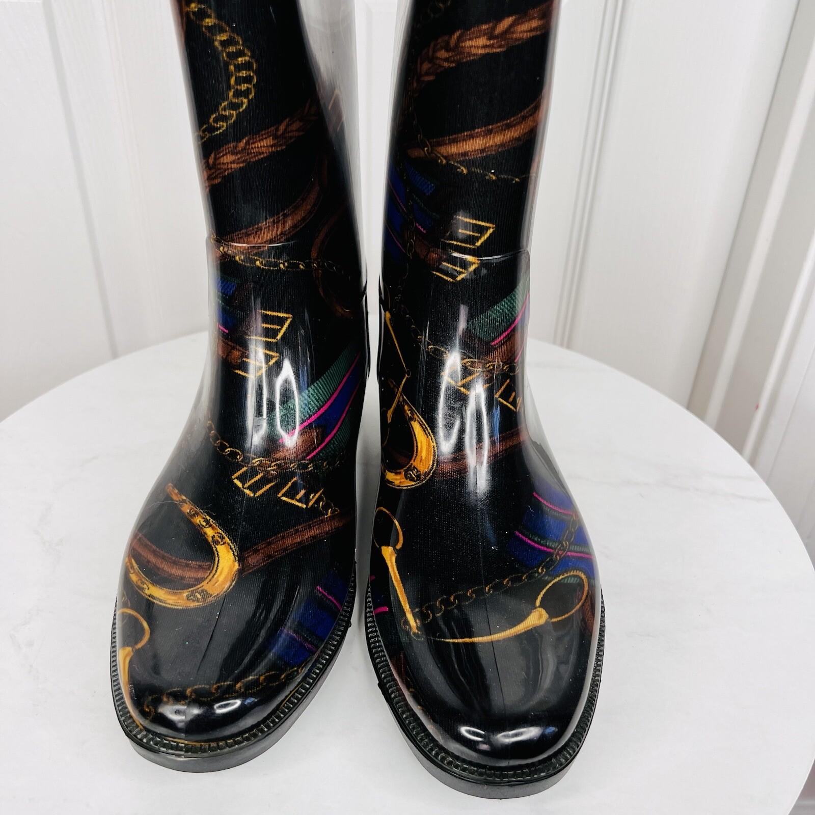 LAUREN RALPH LAUREN Women Rosalyn II Rain Boots Black Gold Rope Chain Size 7B