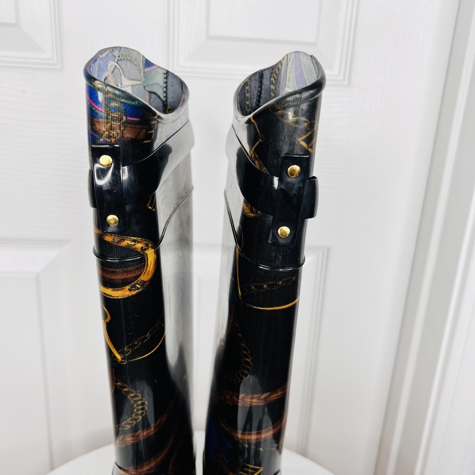 LAUREN RALPH LAUREN Women Rosalyn II Rain Boots Black Gold Rope Chain Size 7B
