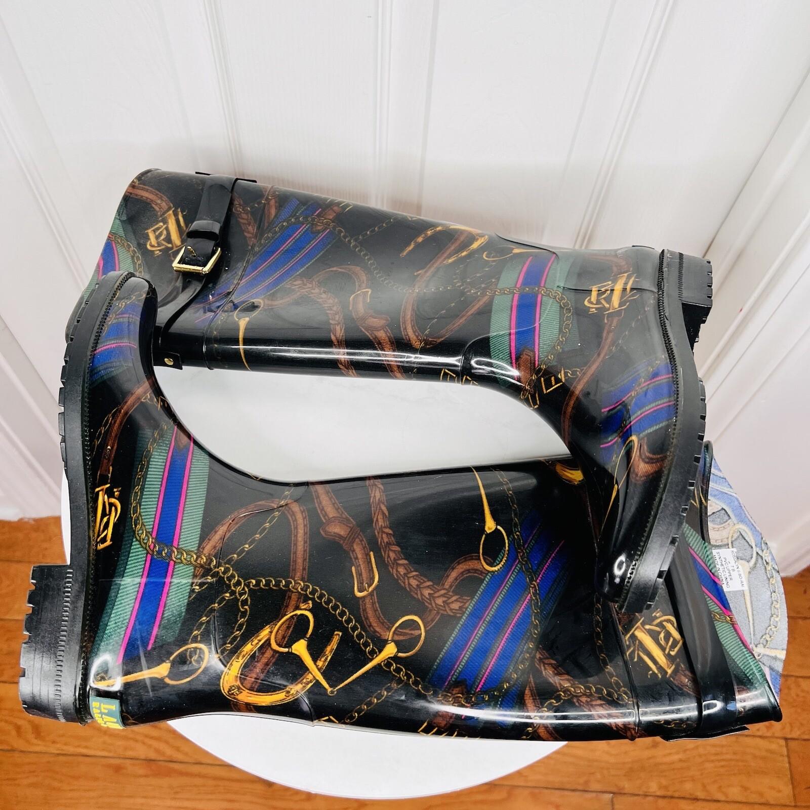 LAUREN RALPH LAUREN Women Rosalyn II Rain Boots Black Gold Rope Chain Size 7B
