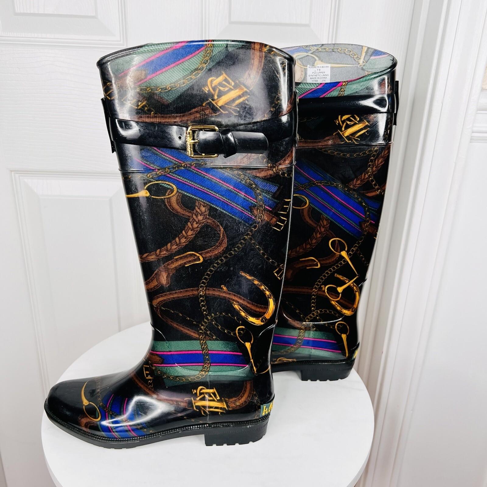 LAUREN RALPH LAUREN Women Rosalyn II Rain Boots Black Gold Rope Chain Size 7B