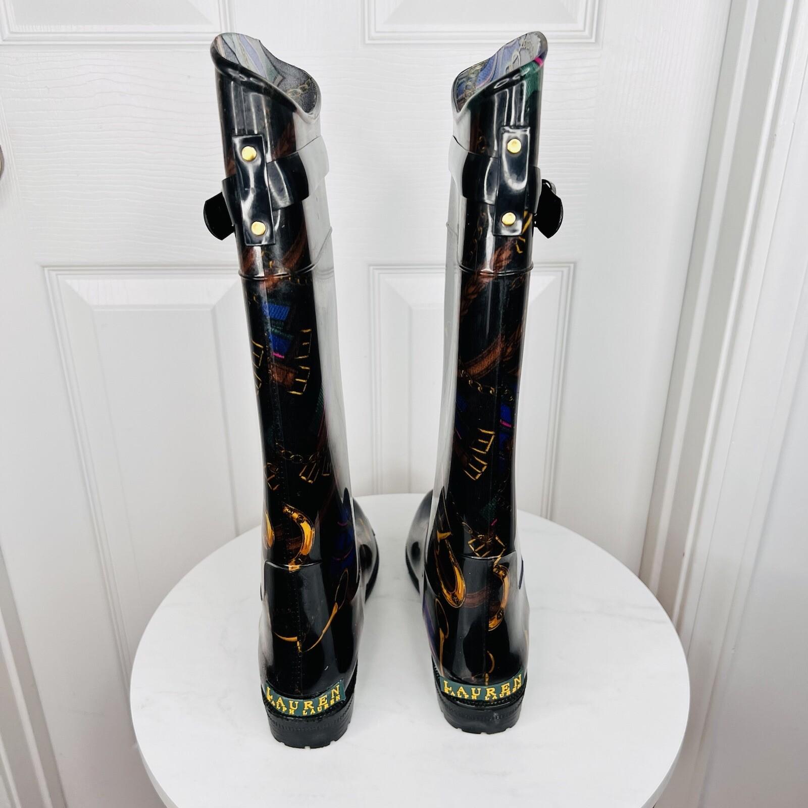 LAUREN RALPH LAUREN Women Rosalyn II Rain Boots Black Gold Rope Chain Size 7B