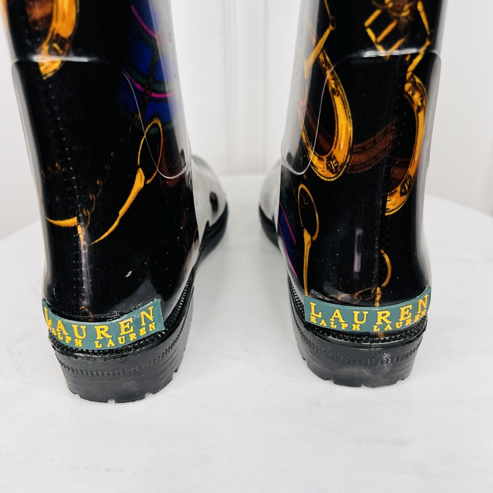 LAUREN RALPH LAUREN Women Rosalyn II Rain Boots Black Gold Rope Chain Size 7B