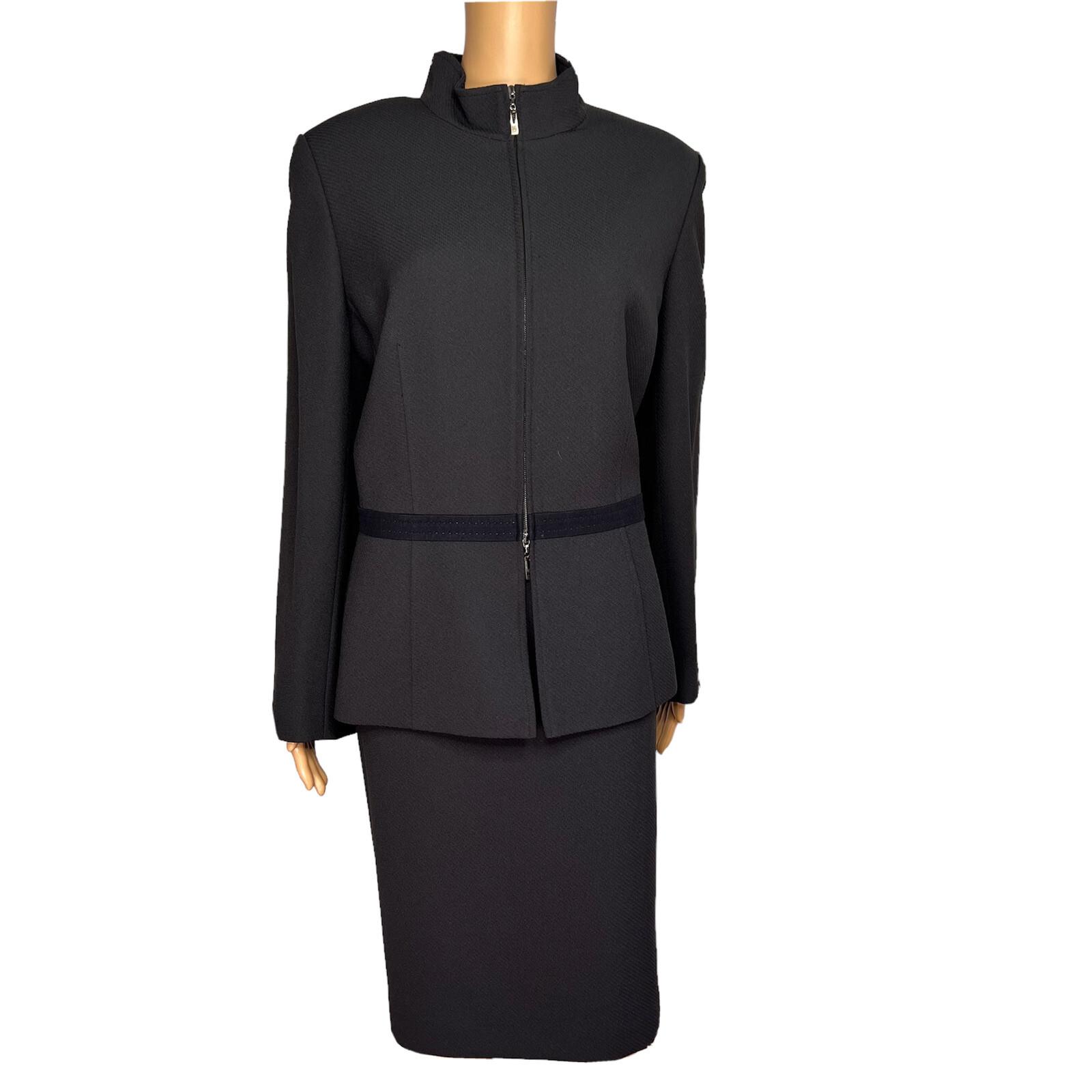 KASPER 2PC Black Polyester Lined Stand Up Collar Zip Up Career Skirt Suit SZ 14