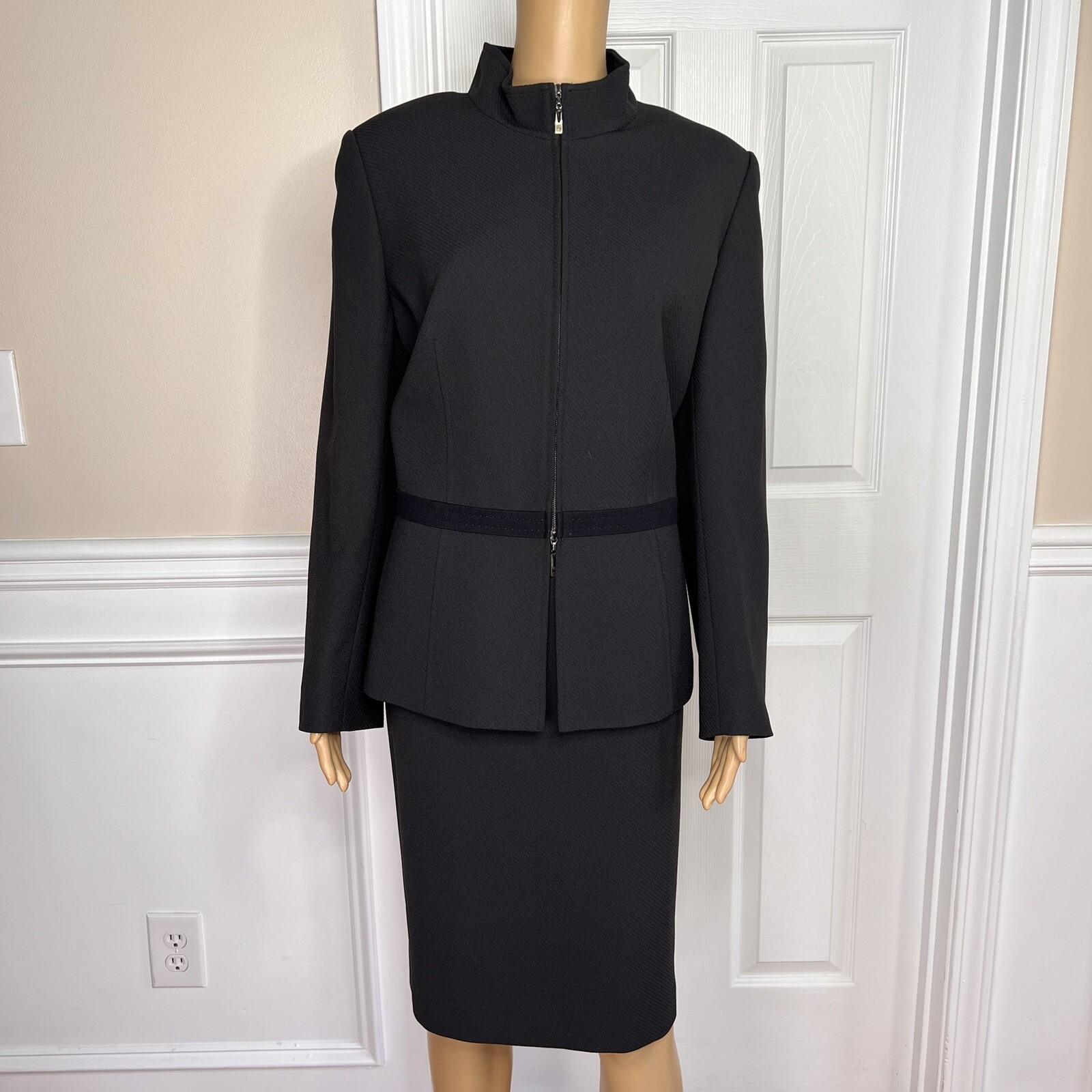 KASPER 2PC Black Polyester Lined Stand Up Collar Zip Up Career Skirt Suit SZ 14