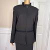 KASPER 2PC Black Polyester Lined Stand Up Collar Zip Up Career Skirt Suit SZ 14