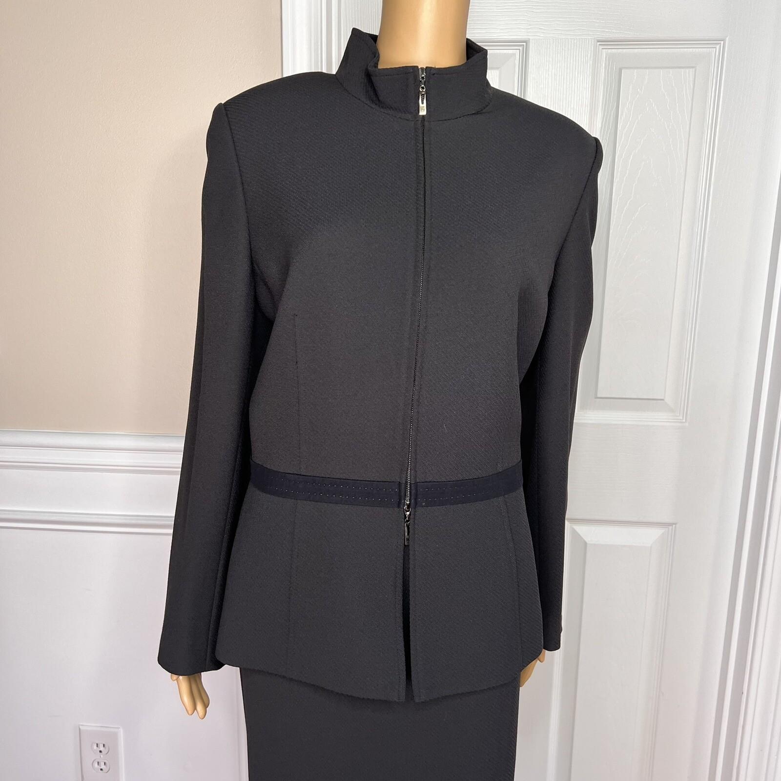 KASPER 2PC Black Polyester Lined Stand Up Collar Zip Up Career Skirt Suit SZ 14