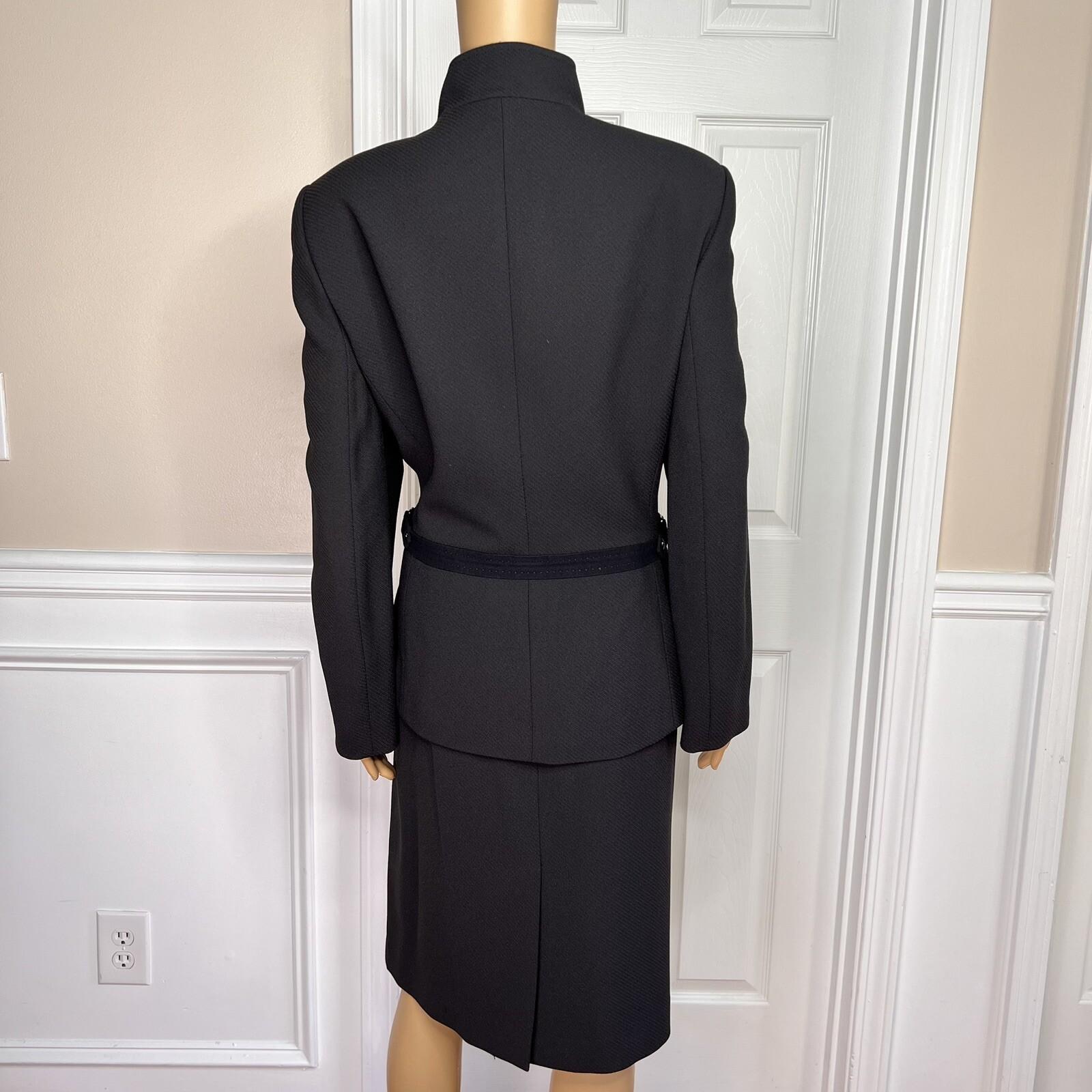 KASPER 2PC Black Polyester Lined Stand Up Collar Zip Up Career Skirt Suit SZ 14