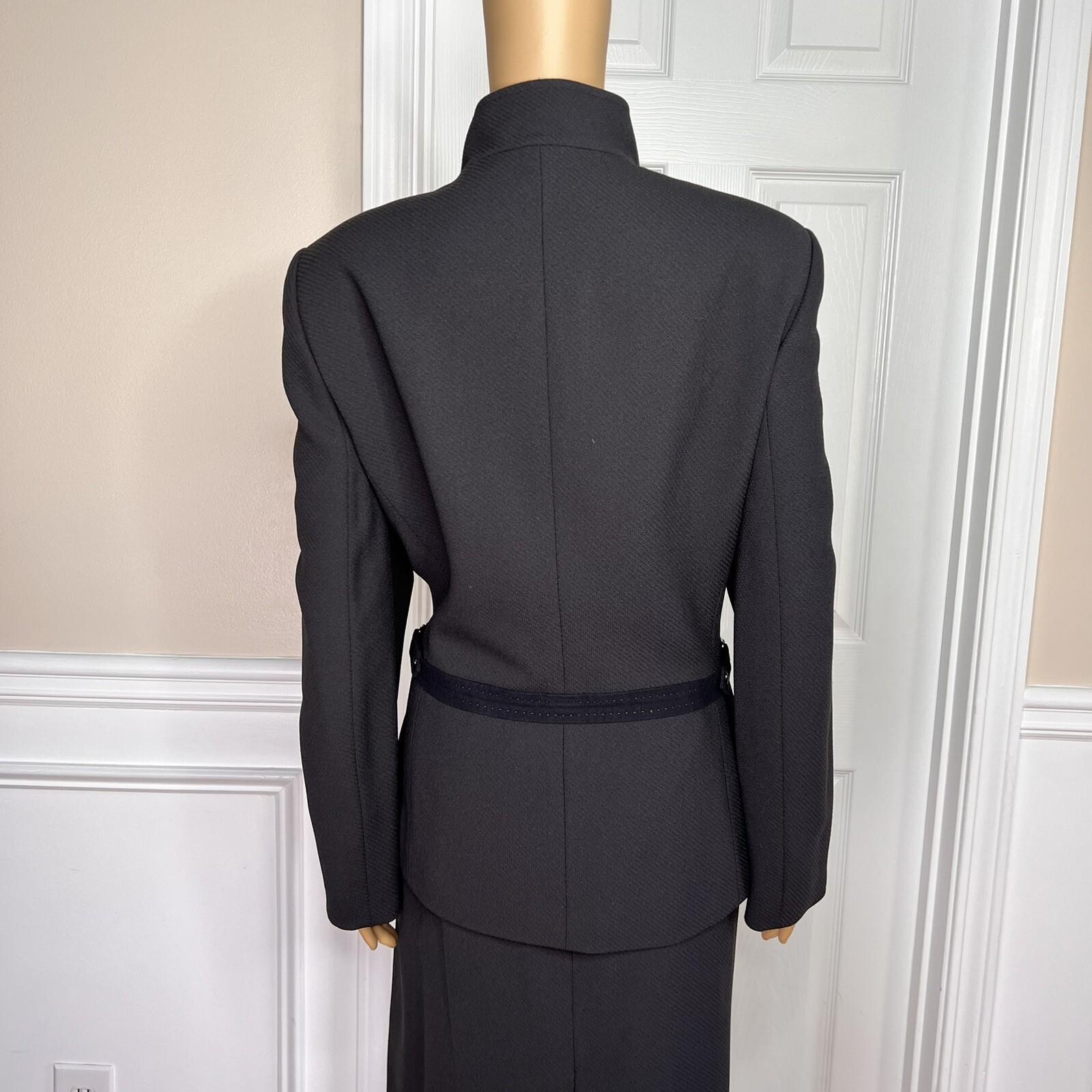 KASPER 2PC Black Polyester Lined Stand Up Collar Zip Up Career Skirt Suit SZ 14