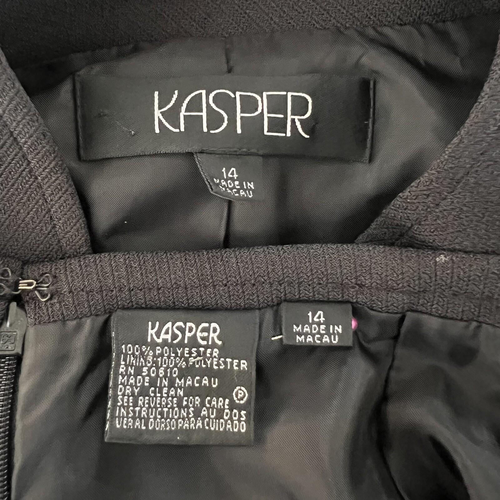 KASPER 2PC Black Polyester Lined Stand Up Collar Zip Up Career Skirt Suit SZ 14