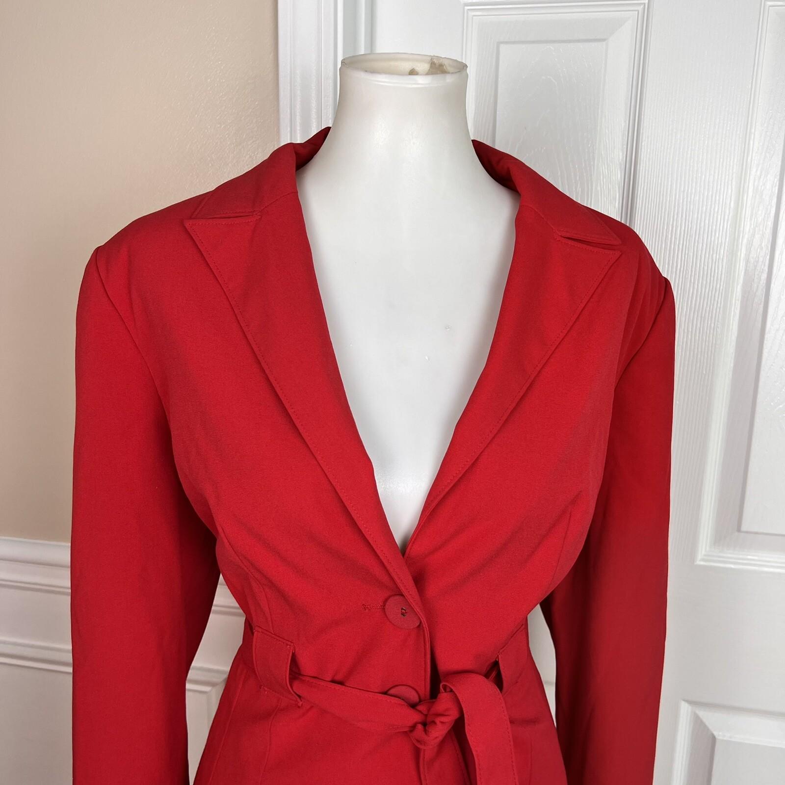 Larry Levine Polyester Rayon Spandex Pant Suit 14 Red Belted Wide Leg 2PC New