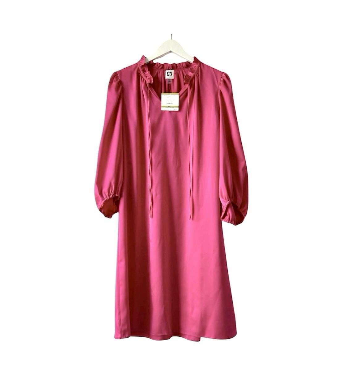 Anne Klein Silk Like Fuchsia Shift Dress Size 6 Tie Neck Bubble Sleeves Pullover
