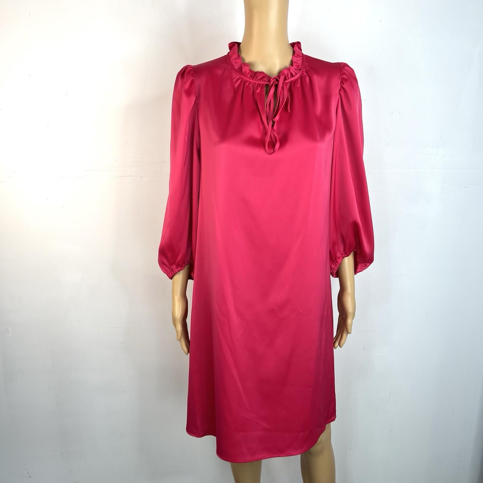 Anne Klein Silk Like Fuchsia Shift Dress Size 6 Tie Neck Bubble Sleeves Pullover